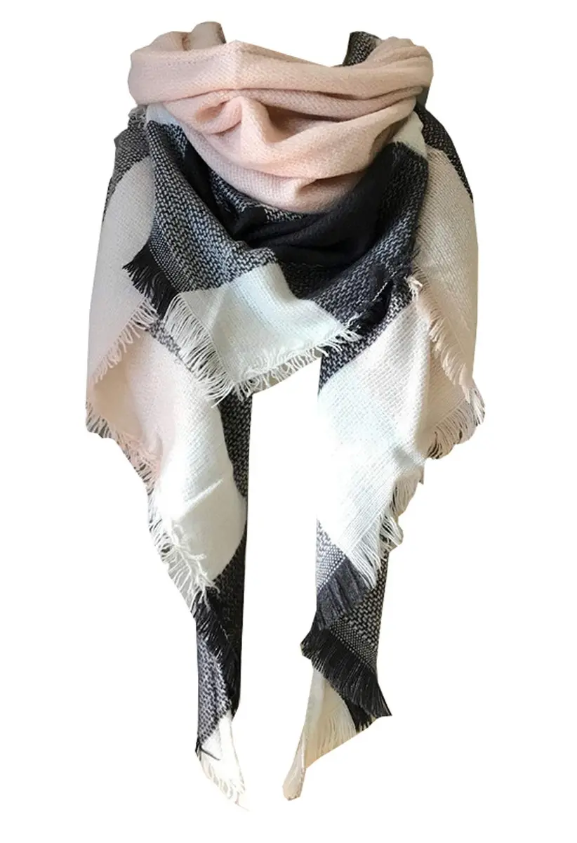 Wander Agio Womens Warm Scarf Triangle Winter Shawls Large Scarves Stripe Plaid Fichu Big Plaid Grey Pink 11 | Thick & Warm - main product image