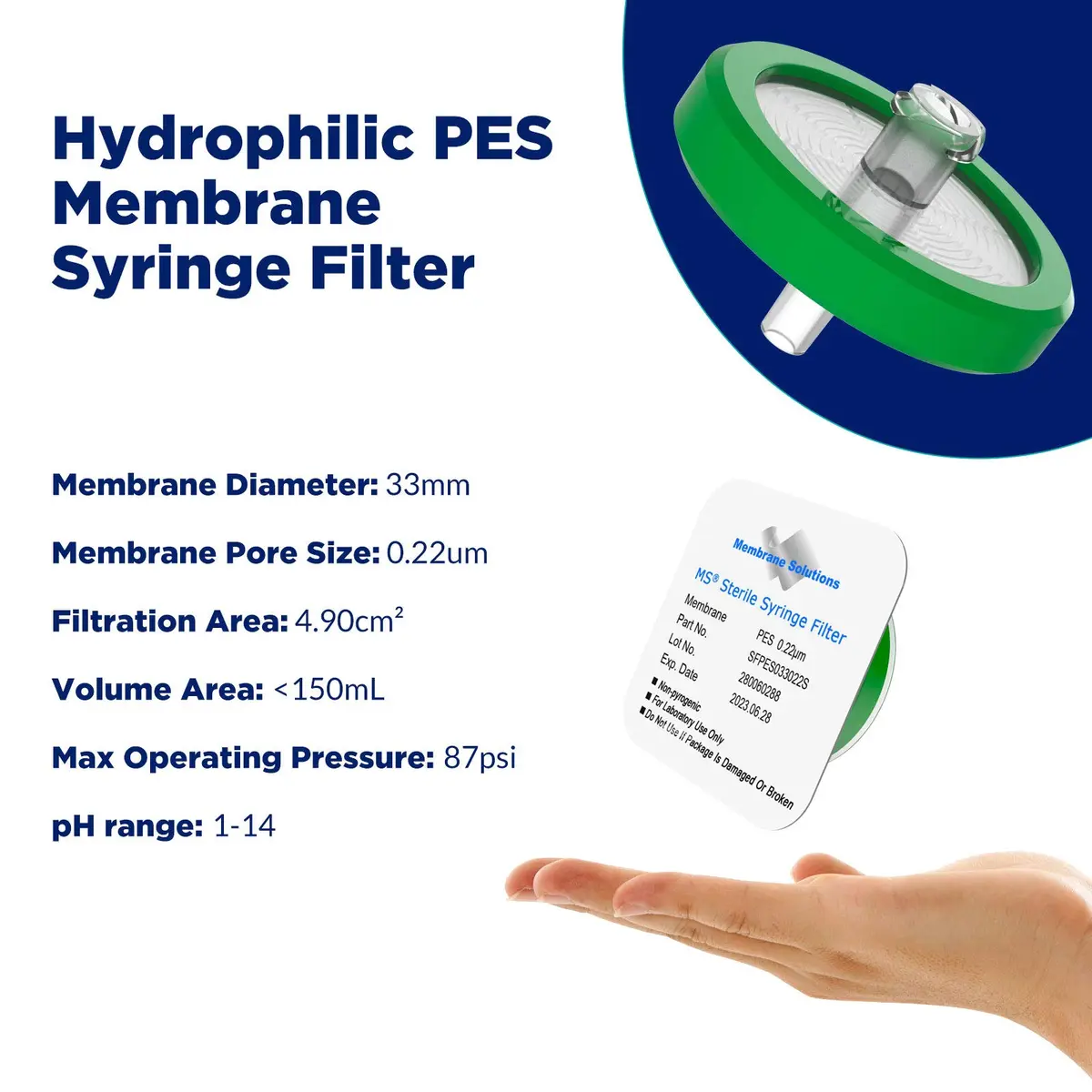 Membrane Solutions Syringe Filter Sterile PES 0.22µm 33mm Individually Packed - view 2