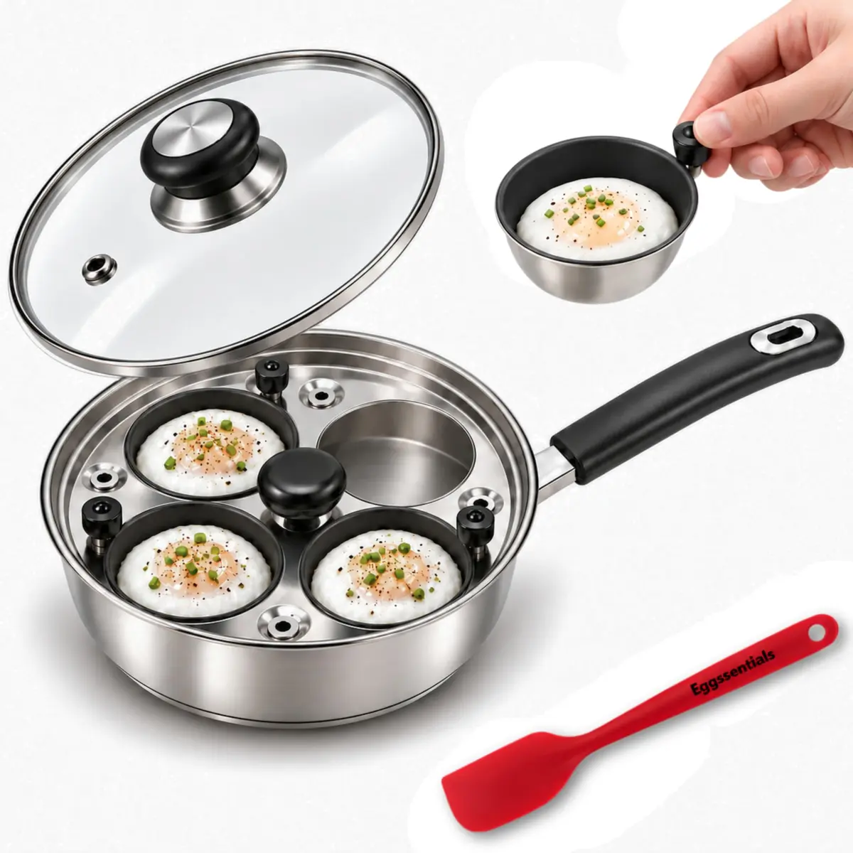 Eggssentials Egg Poacher Pan 4 Cup | Stainless Steel, PFOA Free, Induction Compatible, Dishwasher Safe - main product image