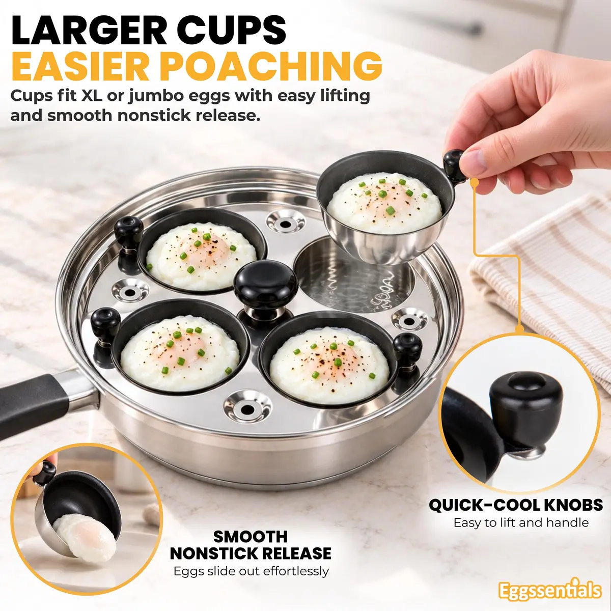 Eggssentials Egg Poacher Pan 4 Cup | Stainless Steel, PFOA Free, Induction Compatible, Dishwasher Safe - view 5