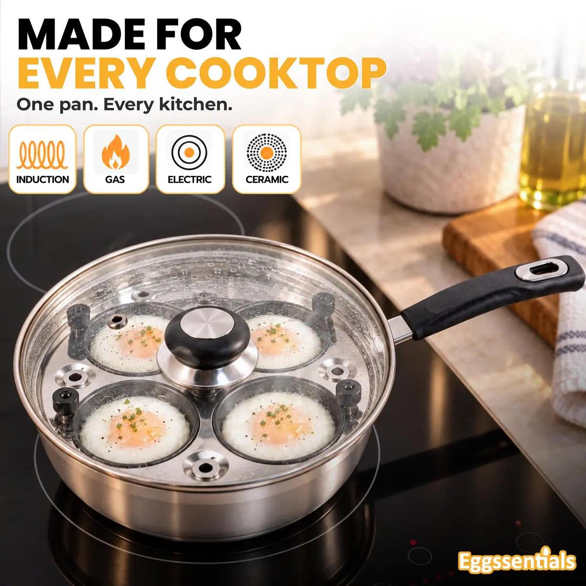 Eggssentials Egg Poacher Pan 4 Cup | Stainless Steel, PFOA Free, Induction Compatible, Dishwasher Safe - view 6