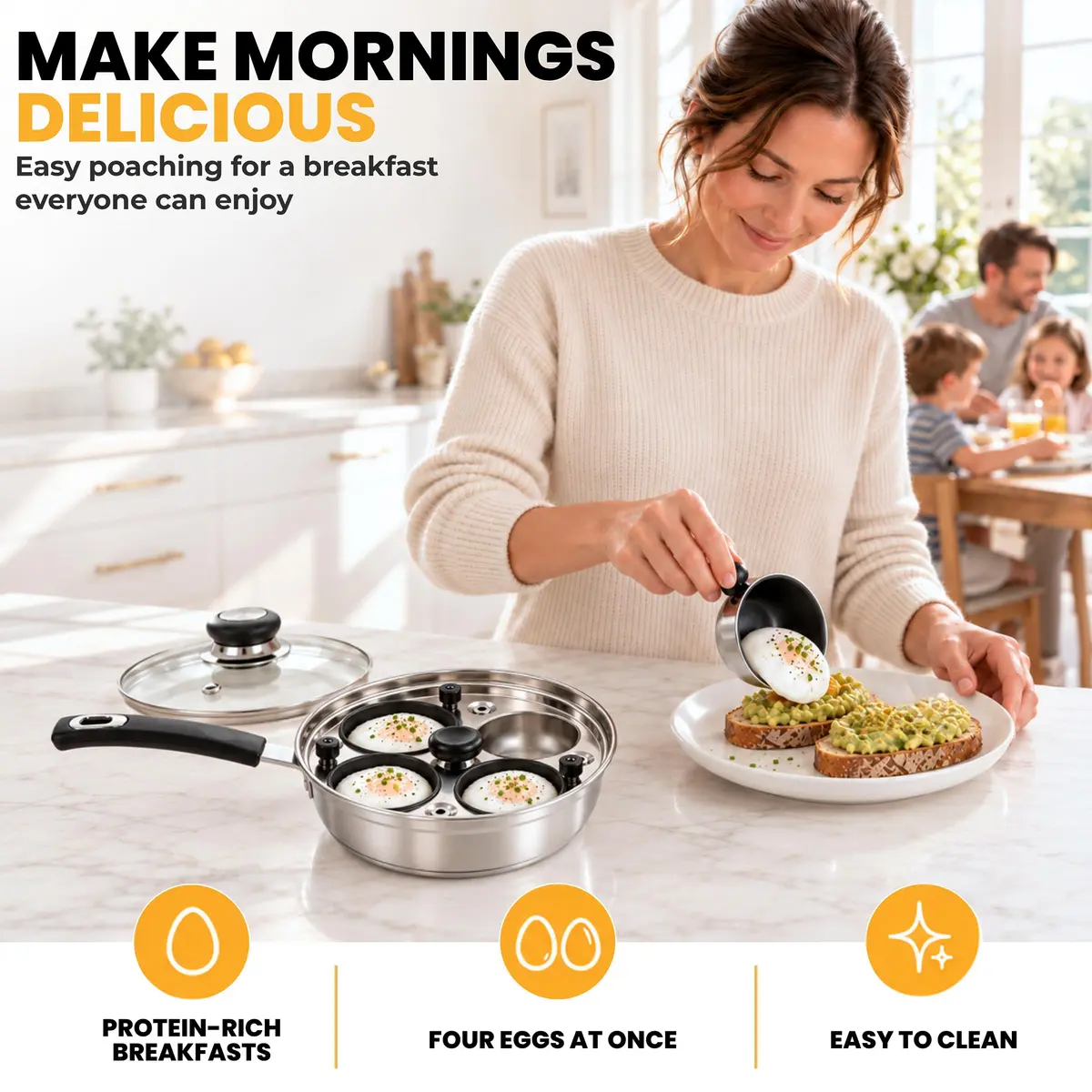 Eggssentials Egg Poacher Pan 4 Cup | Stainless Steel, PFOA Free, Induction Compatible, Dishwasher Safe - view 8