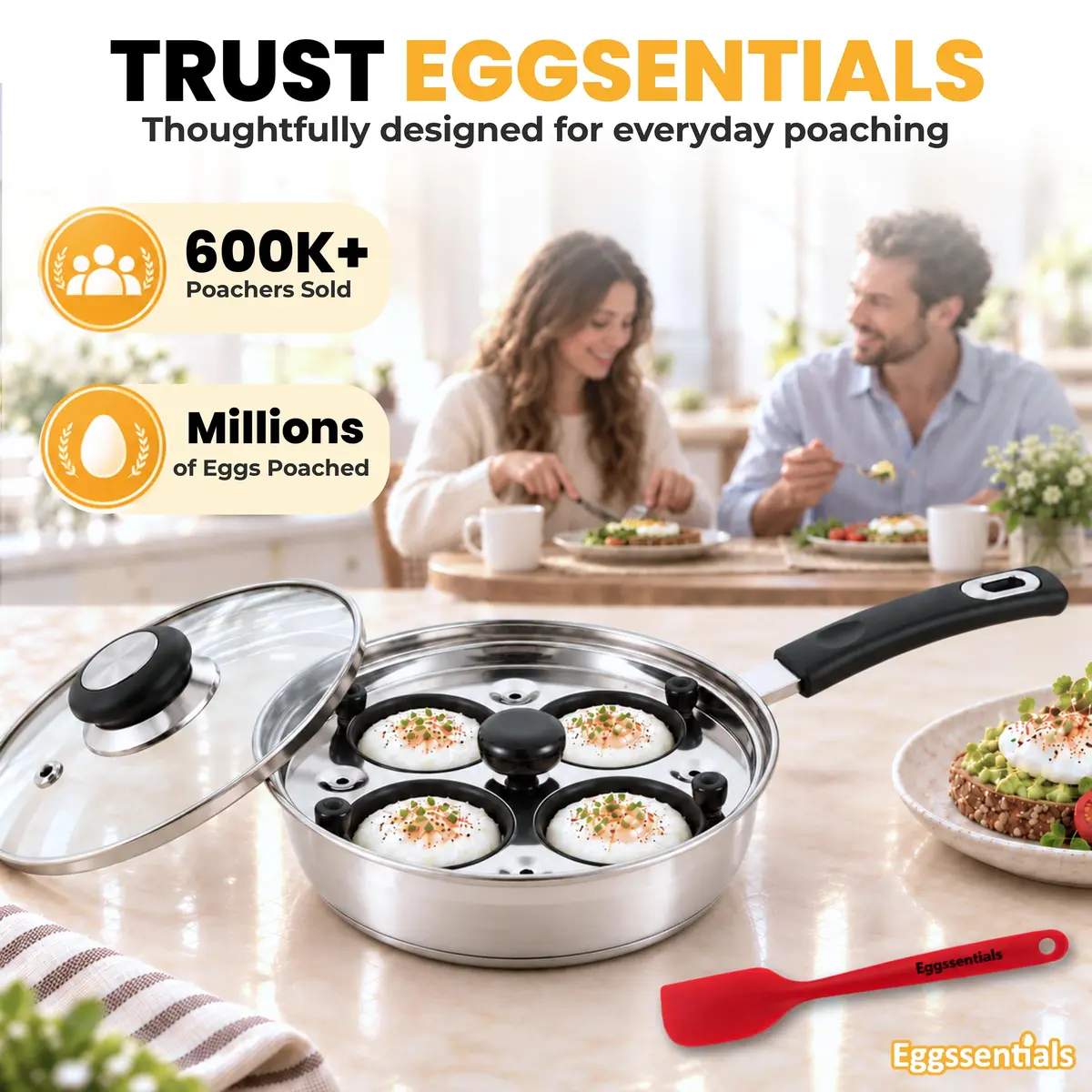 Eggssentials Egg Poacher Pan 4 Cup | Stainless Steel, PFOA Free, Induction Compatible, Dishwasher Safe - view 2