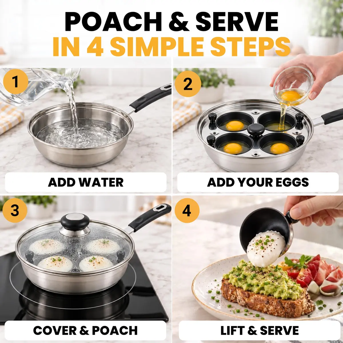 Eggssentials Egg Poacher Pan 4 Cup | Stainless Steel, PFOA Free, Induction Compatible, Dishwasher Safe - view 3