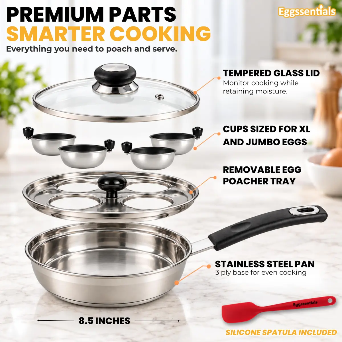 Eggssentials Egg Poacher Pan 4 Cup | Stainless Steel, PFOA Free, Induction Compatible, Dishwasher Safe - view 4