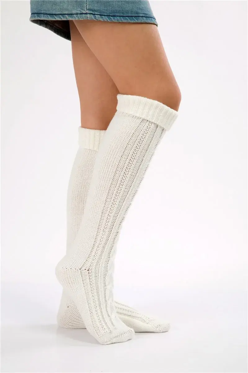 SherryDC Women's Cable Knit Over Knee High Boot Socks White One Size | Warm & Cozy Winter Leg Warmers - view 2