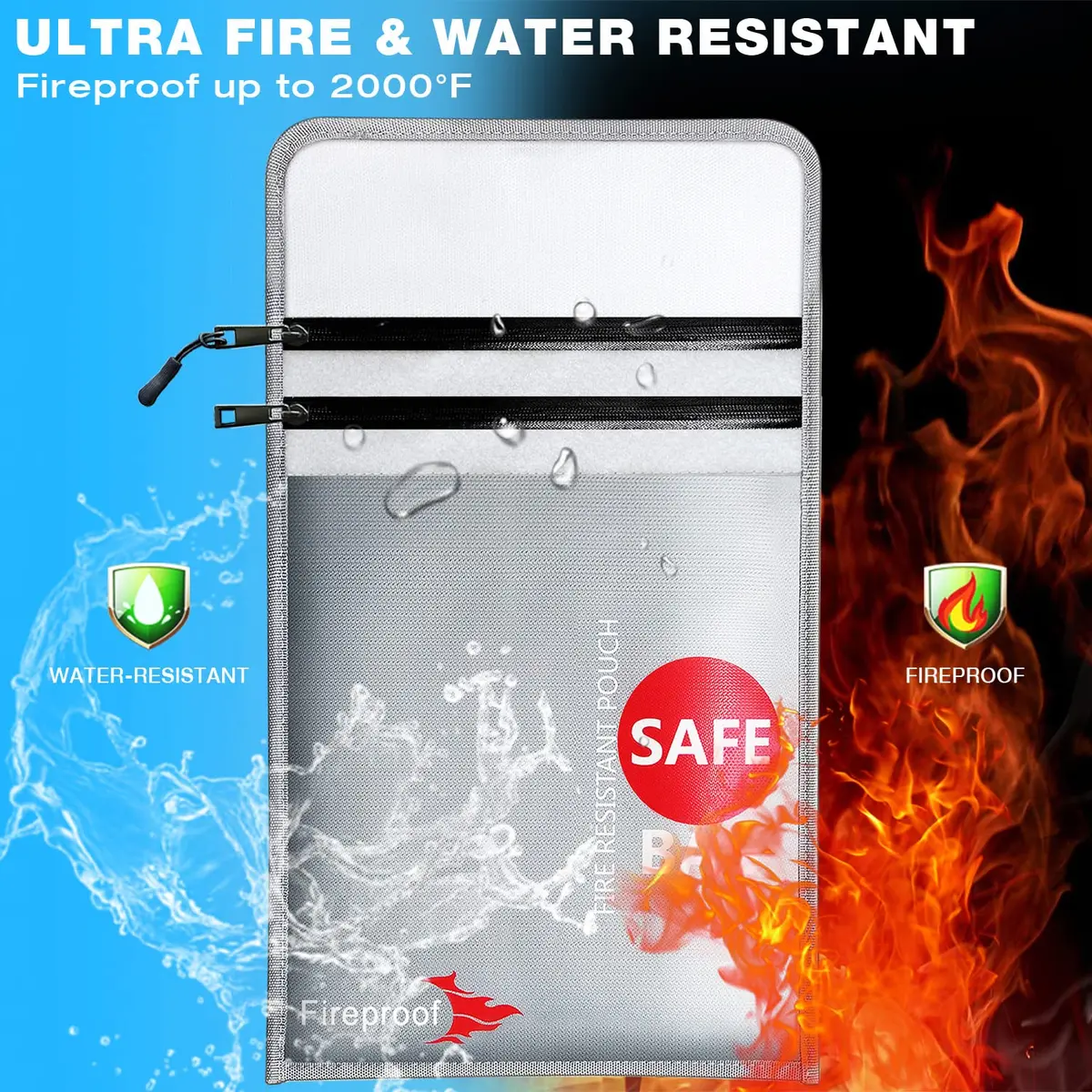 COLCASE Fireproof Document Bag 2 Pockets 38cm x 28cm (15" x 11") | Silicone Coated Fiberglass for 2000°F Protection - view 2
