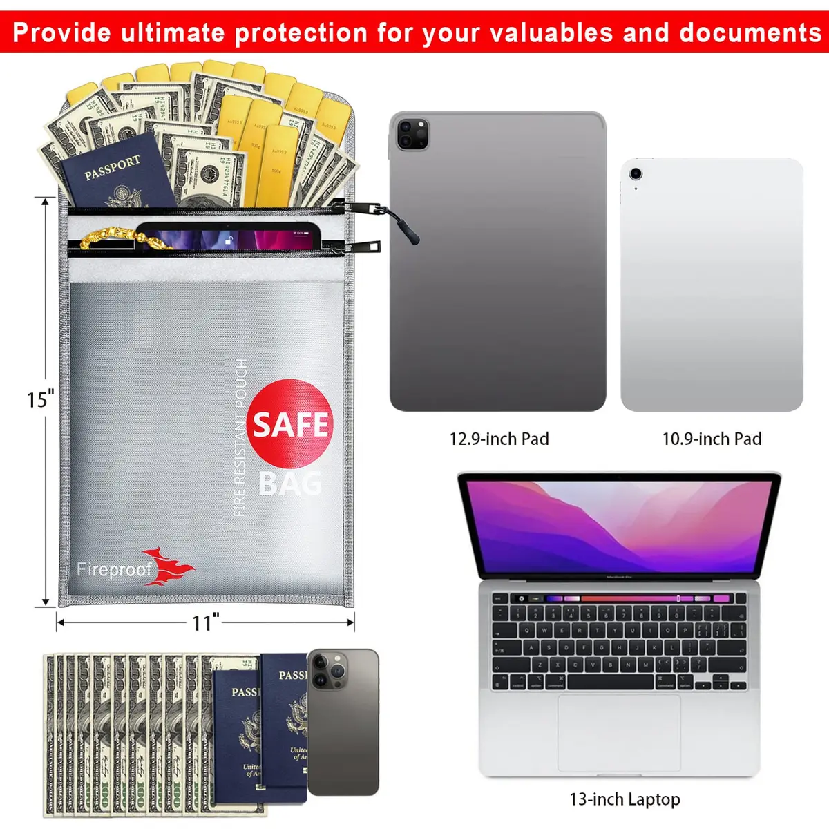 COLCASE Fireproof Document Bag 2 Pockets 38cm x 28cm (15" x 11") | Silicone Coated Fiberglass for 2000°F Protection - view 3