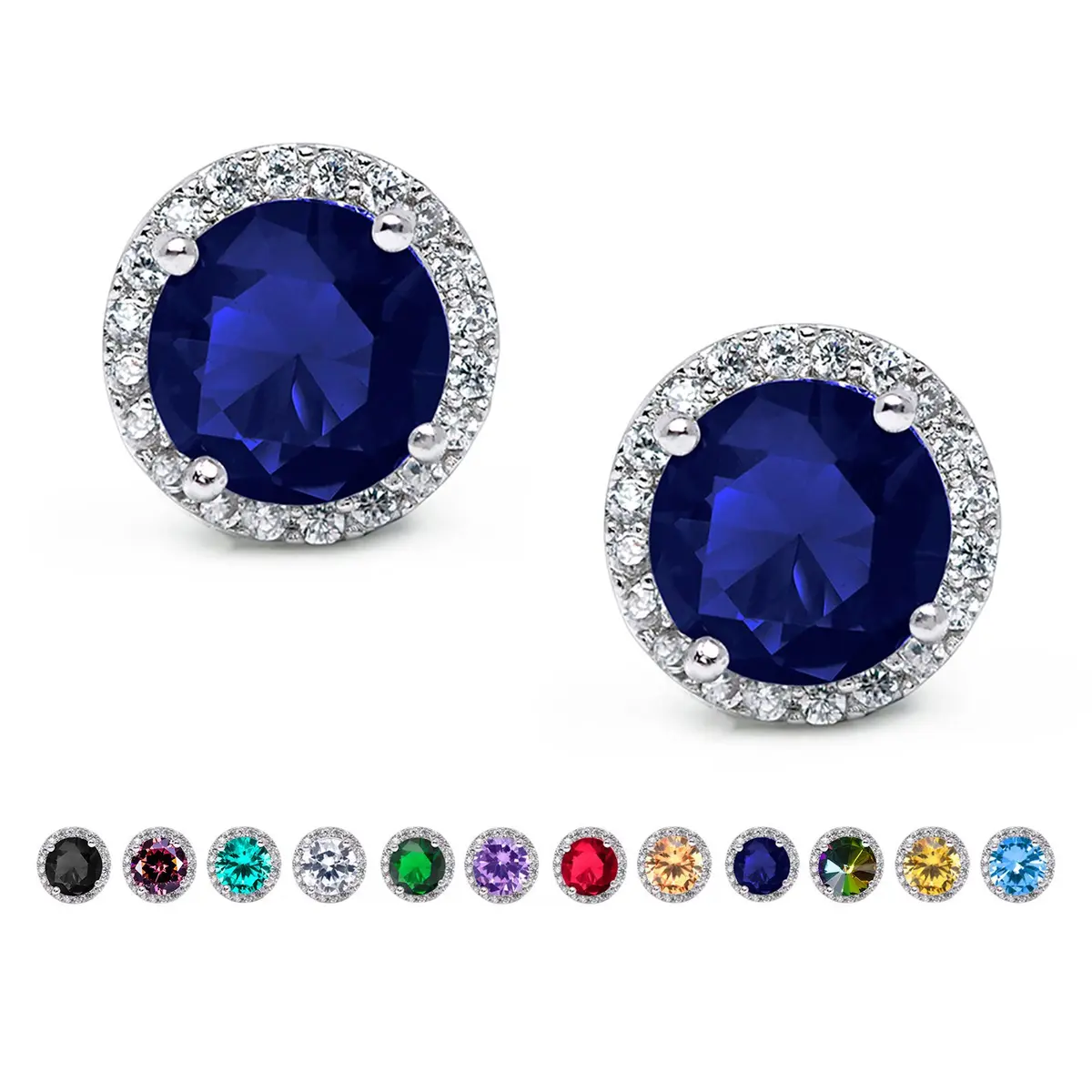 SWEETV Cubic Zirconia Stud Earrings 8mm Round Cut Hypoallergenic Sapphire - main product image