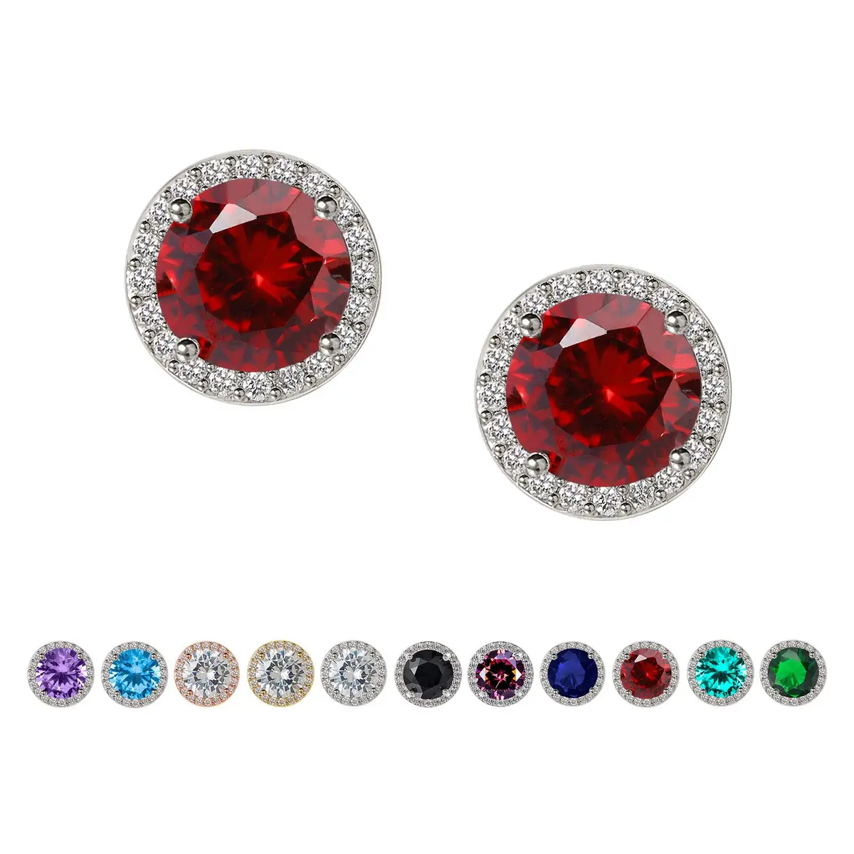 SWEETV Cubic Zirconia Stud Earrings, 8mm Round Cut, Rhinestone Hypoallergenic Earrings for Women Christmas Earrings-suitable for ages 15+, Ruby - main product image
