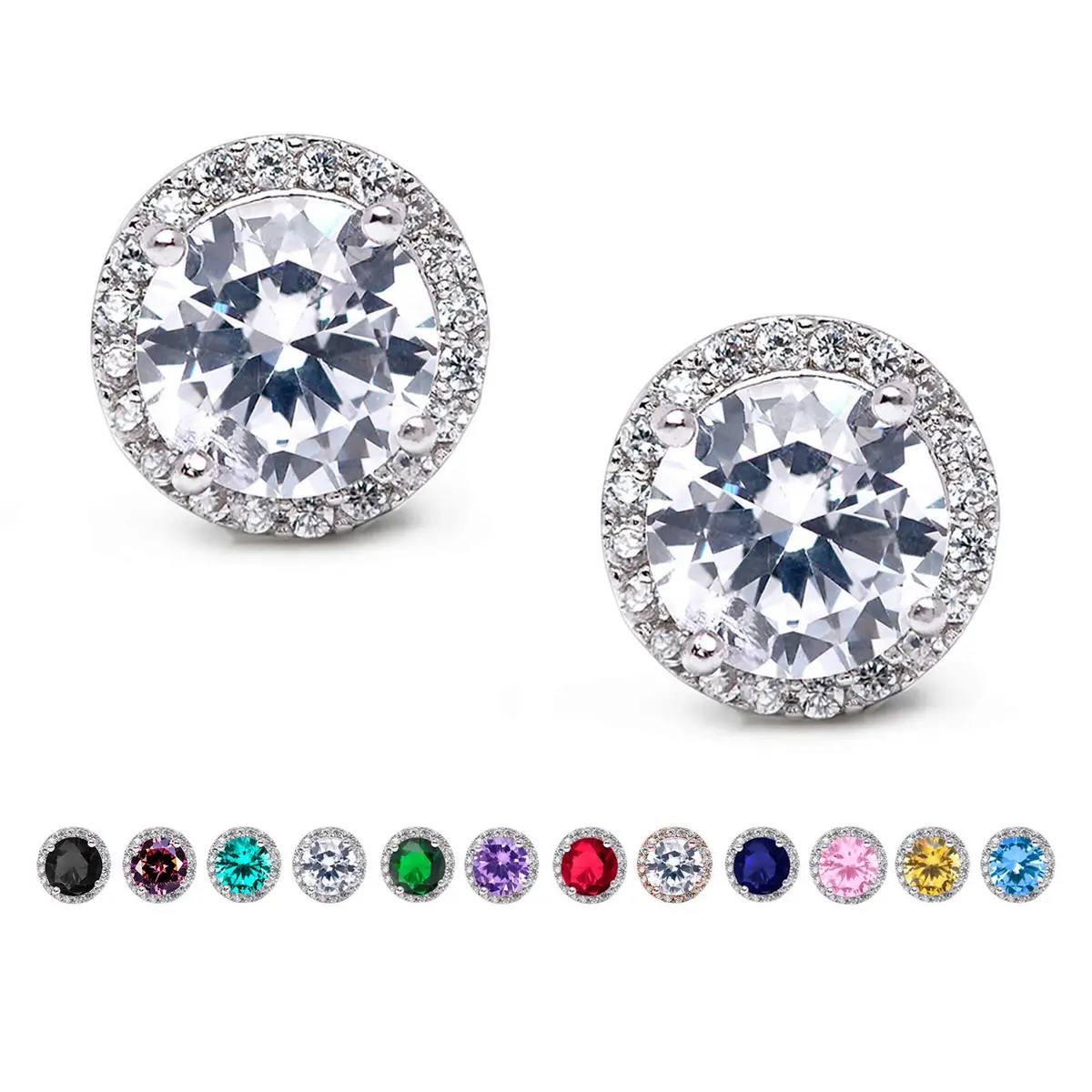 SWEETV Cubic Zirconia Stud Earrings, 8mm Round Cut, Rhinestone Hypoallergenic Earrings for Women-suitable for ages 15+ (01.Silver) - main product image