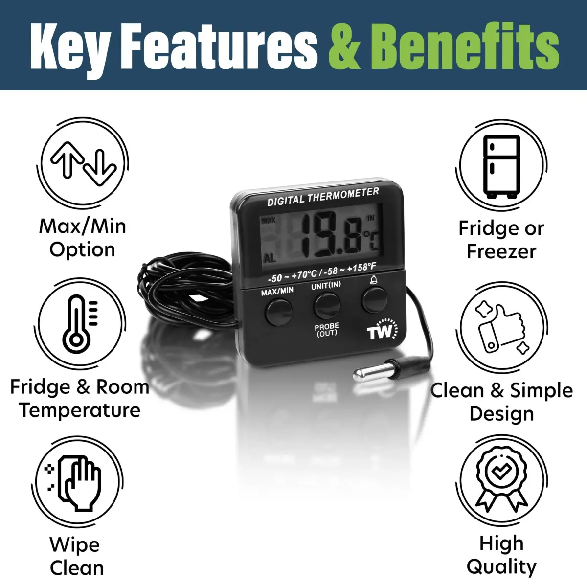 Thermometer World Digital Fridge Thermometer with Alarm & Probe -50 to +70°C (156 g) | Monitors Chilled Food Temperature - view 2