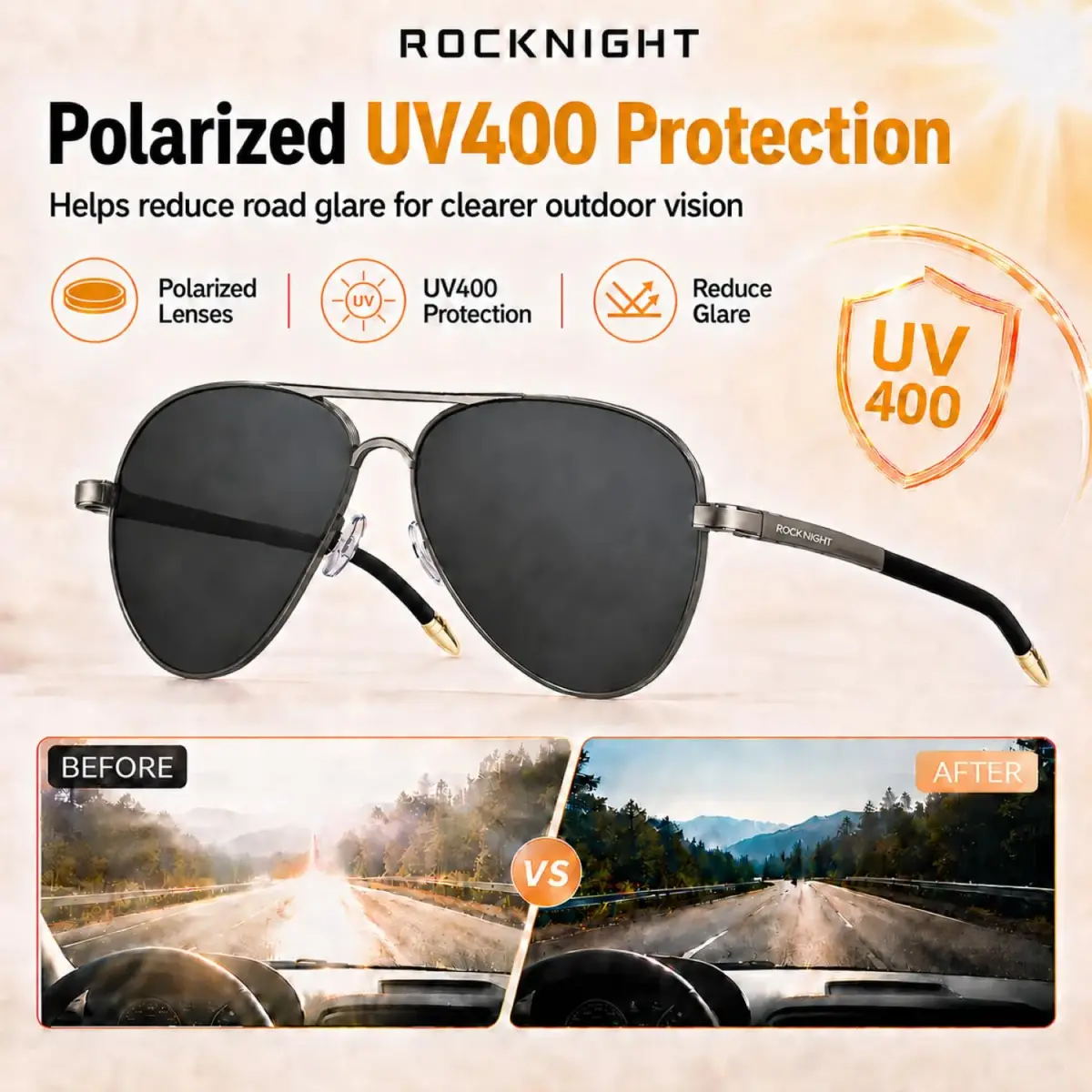 ROCKNIGHT Polarized Aviator Sunglasses Men Women UV400 Metal Frame Driving | Classic Style, 58mm Lens Width - view 3