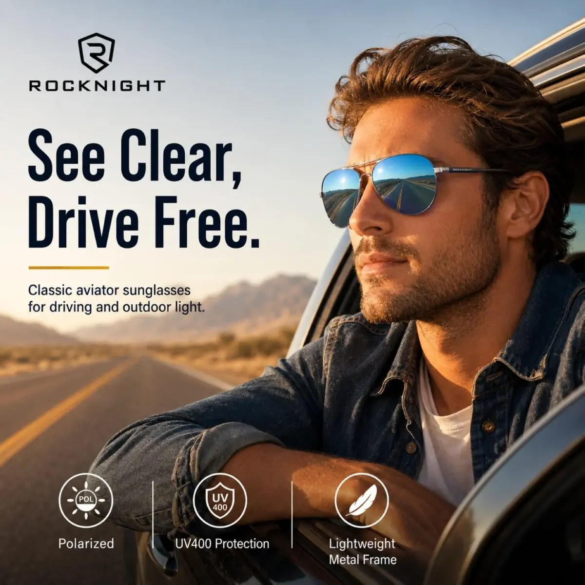 ROCKNIGHT Polarized Aviator Sunglasses Men Women UV400 Metal Frame Driving | Classic Fashion Style - view 6