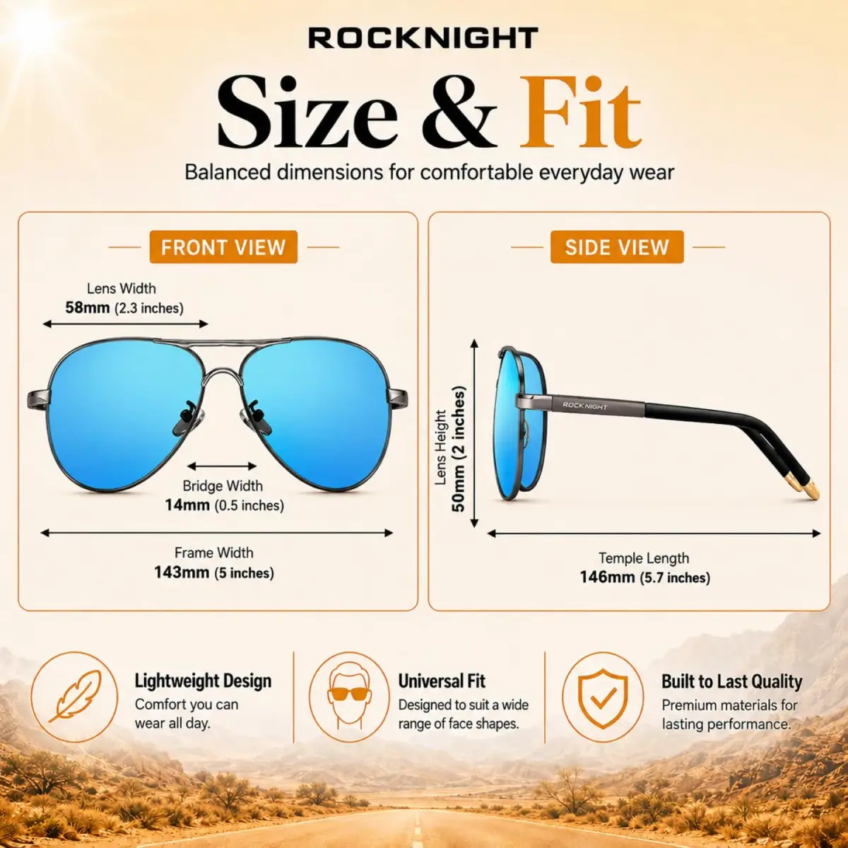 ROCKNIGHT Polarized Aviator Sunglasses Men Women UV400 Metal Frame Driving | Classic Fashion Style - view 4