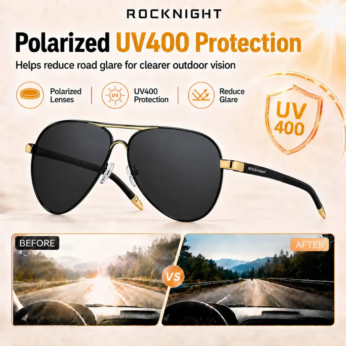 ROCKNIGHT Polarized Aviator Sunglasses Men Women UV400 Metal Frame Driving | Classic Style for All-Day Comfort - view 3