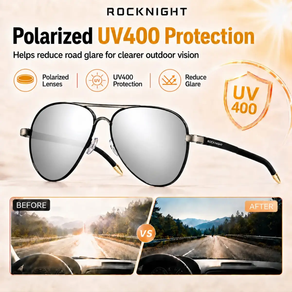 ROCKNIGHT Polarized Aviator Sunglasses Men Women UV400 Metal Frame Driving | Lightweight & Adjustable Fit - view 3