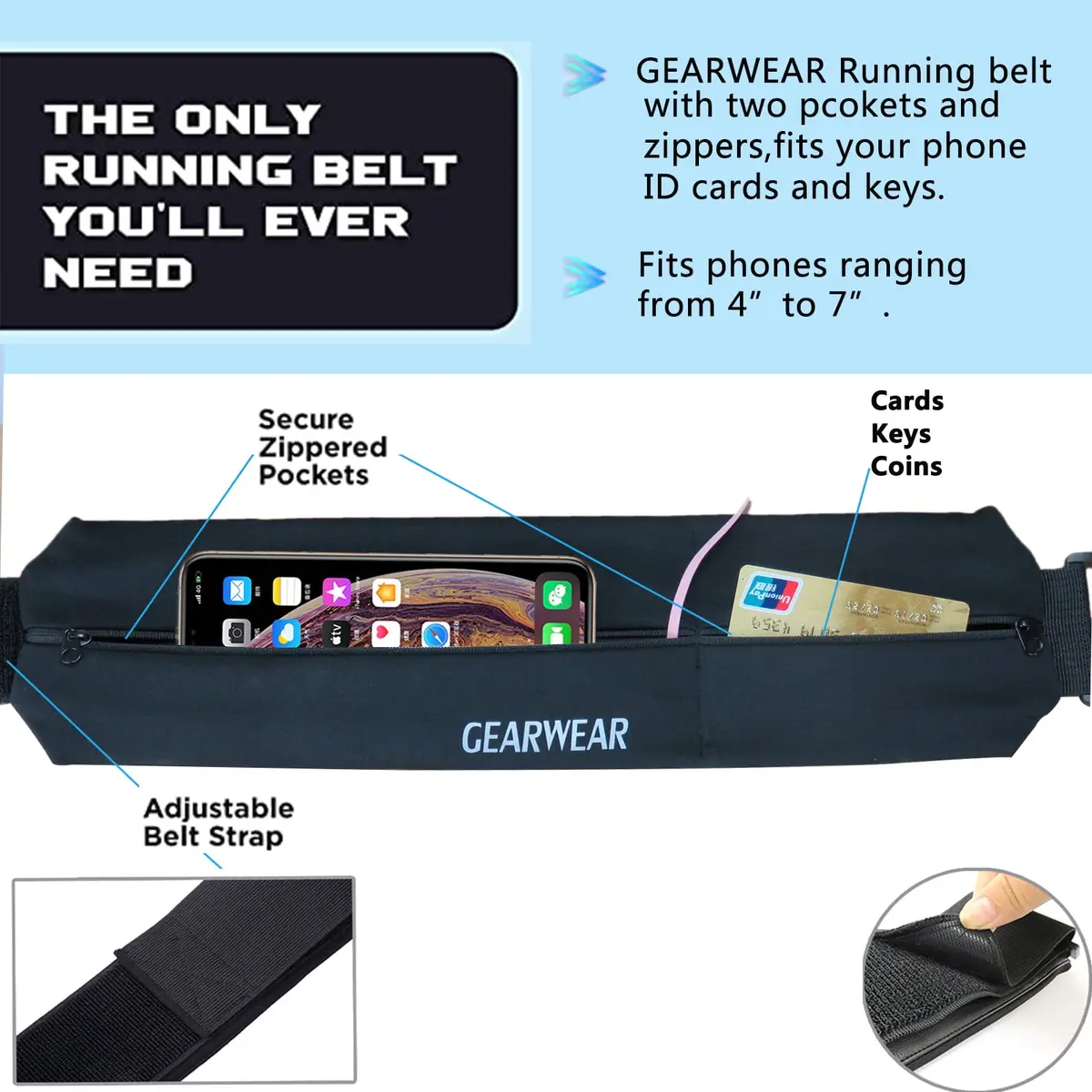 GEARWEAR Running Belt for Women & Men | Waist Phone Holder, Travel Waistband, Fitness Jogging | One Size (22-45 inches) - view 2