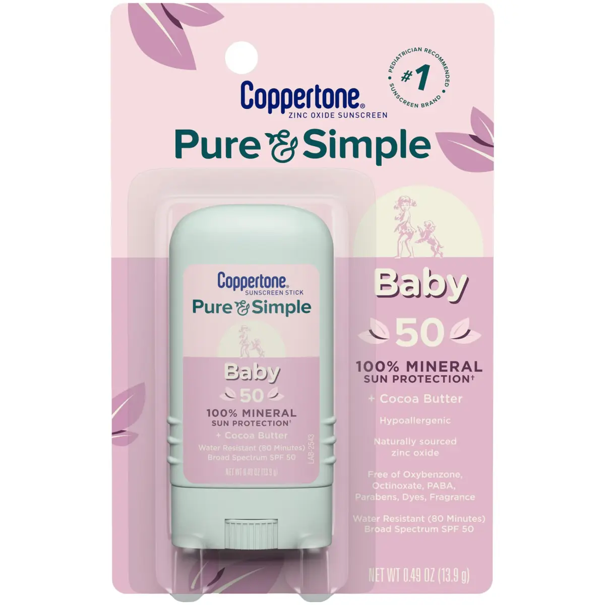 Coppertone Pure and Simple Baby Sunscreen Stick SPF 50, 14ml (0.49 oz) | Hypoallergenic Mineral Sunscreen for Sensitive Skin - main product image