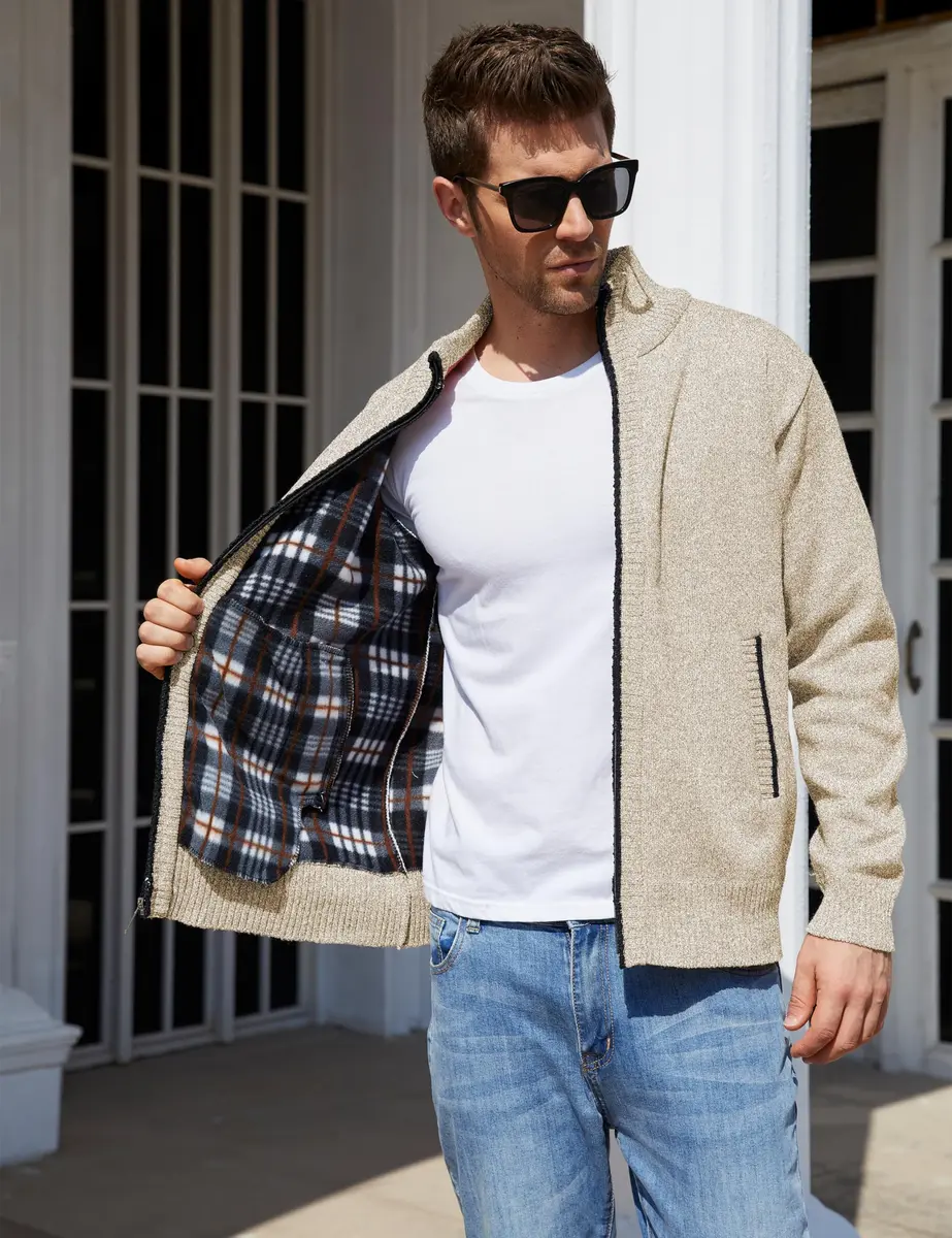 Yeokou Men's Slim Fit Zip Up Casual Knitted Cardigan Sweater with Pockets 38% Cashmere Blend | Casual & Warm - view 2