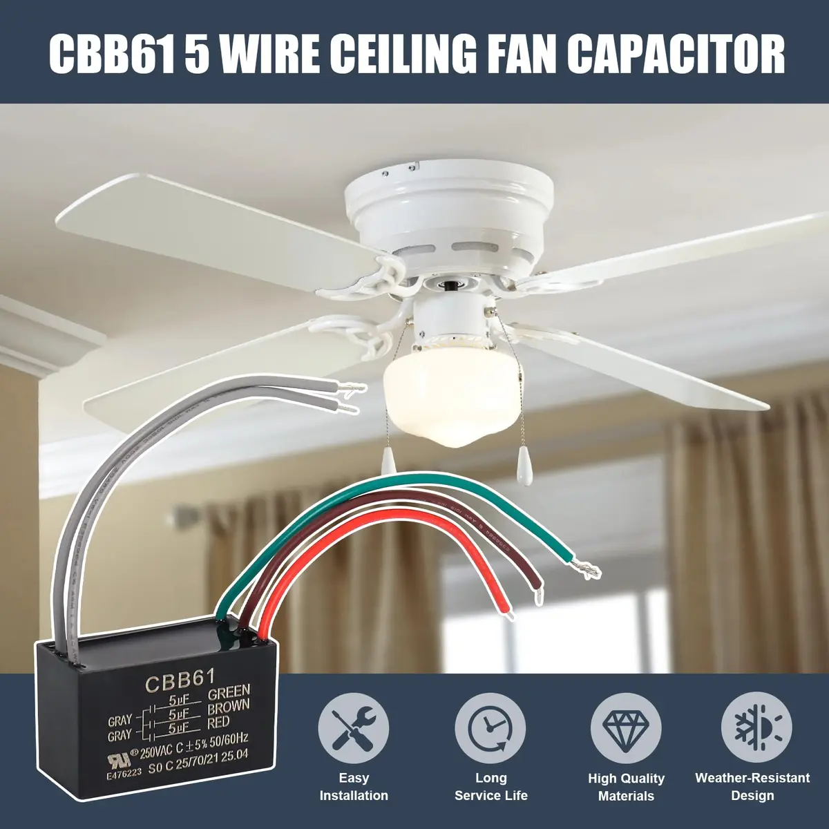 Wadoy CBB61 5-Wire Ceiling Fan Capacitor 15uF (5+5+5uF) 250VAC | For Speed Control & Replacement - view 6
