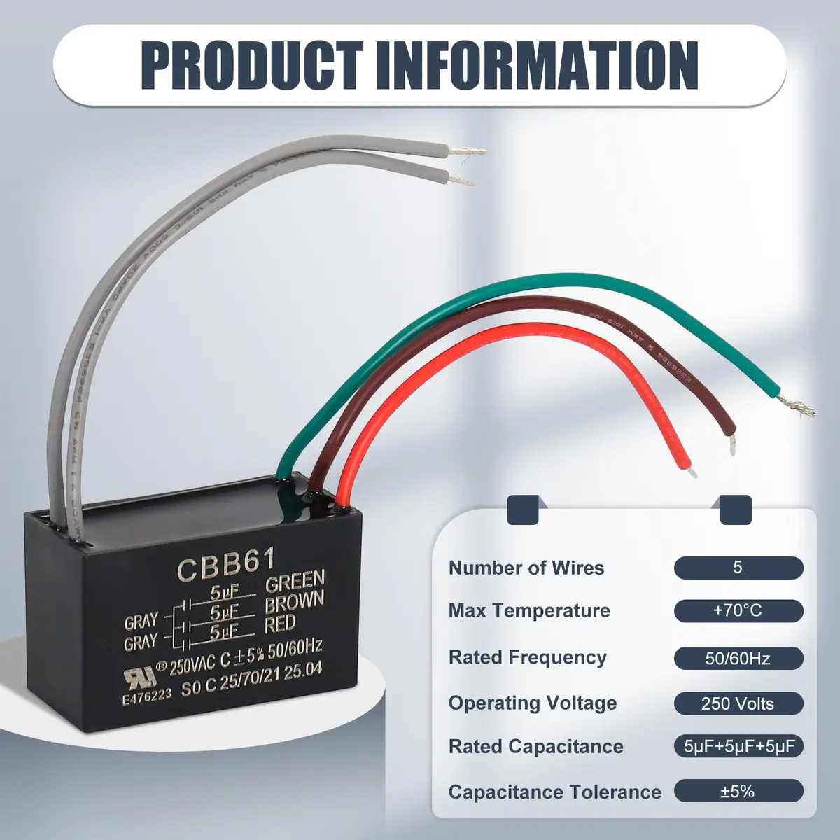 Wadoy CBB61 5-Wire Ceiling Fan Capacitor 15uF (5+5+5uF) 250VAC | For Speed Control & Replacement - view 2