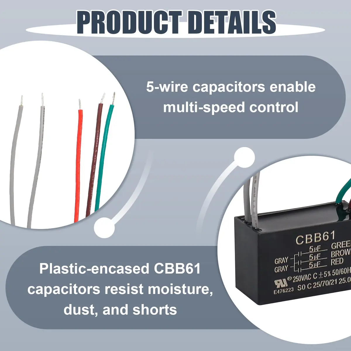 Wadoy CBB61 5-Wire Ceiling Fan Capacitor 15uF (5+5+5uF) 250VAC | For Speed Control & Replacement - view 4