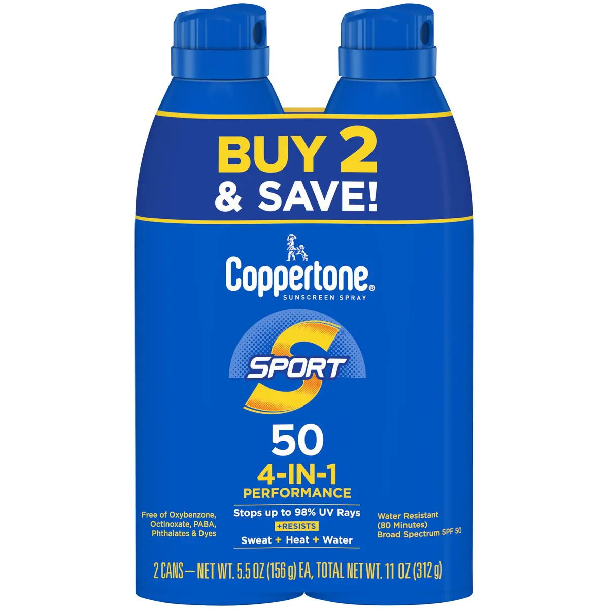 Coppertone Sport Sunscreen Spray SPF 30, 2 x 5.5 oz (165ml) | Broad Spectrum UVA/UVB Protection - main product image