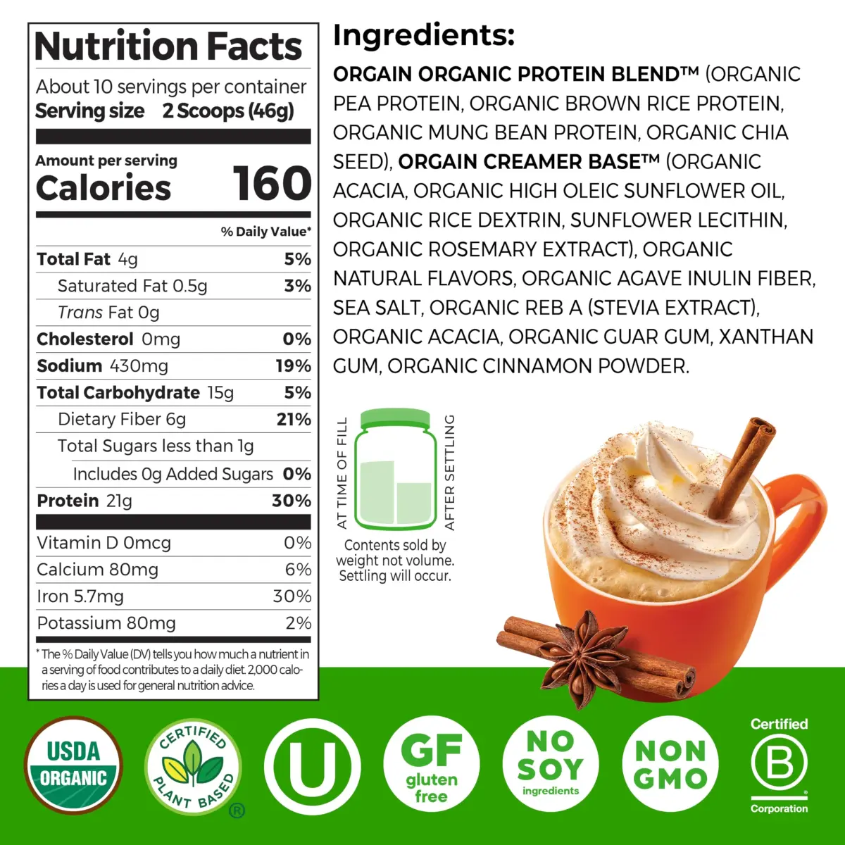 Orgain Organic Vegan Protein Powder Pumpkin Spice 1.02 lb (463 g) | USDA Organic, 21g Protein Per Serving - view 2