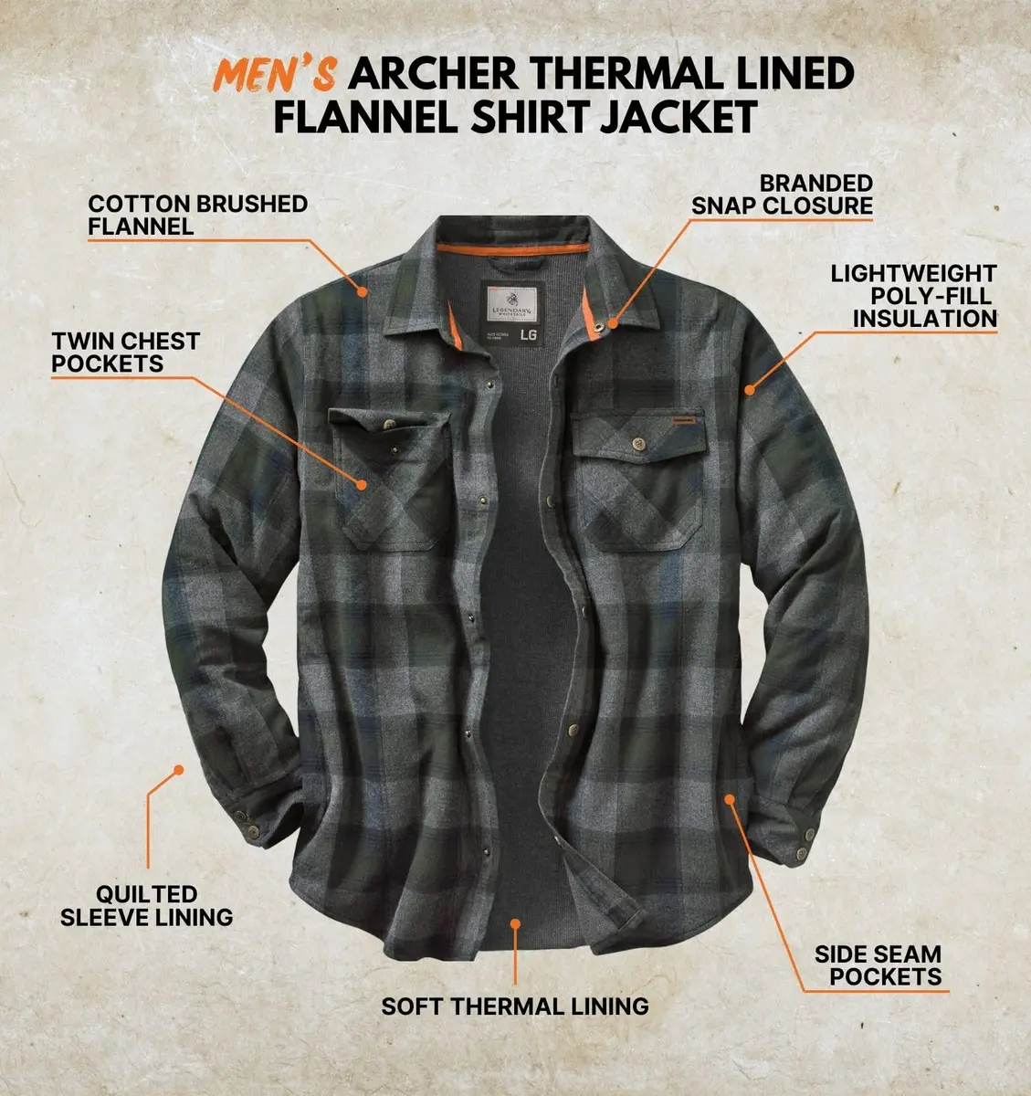 Legendary Whitetails Thermal Lined Shirt Jacket Insulated Shacket | Cotton & Polyfill for Men Large Tall - view 3