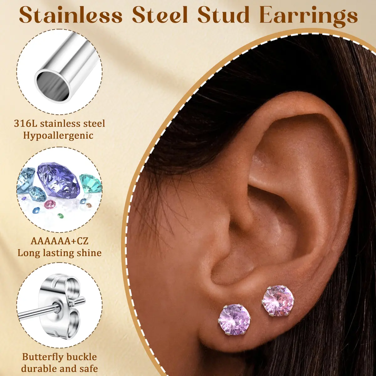 LOYALLOOK Hypoallergenic Earring | 7MM CZ Studs for Sensitive Ears - view 3