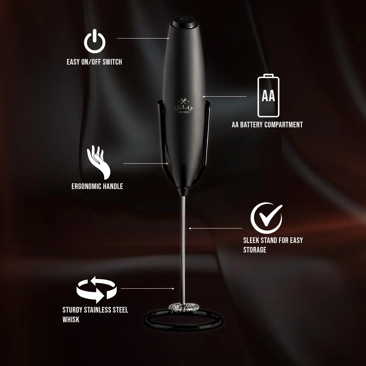 Zulay Kitchen Milk Frother Wand - Upgraded Stand | Handheld Foam Maker for Lattes & Cappuccino (100-120 chars) - view 5