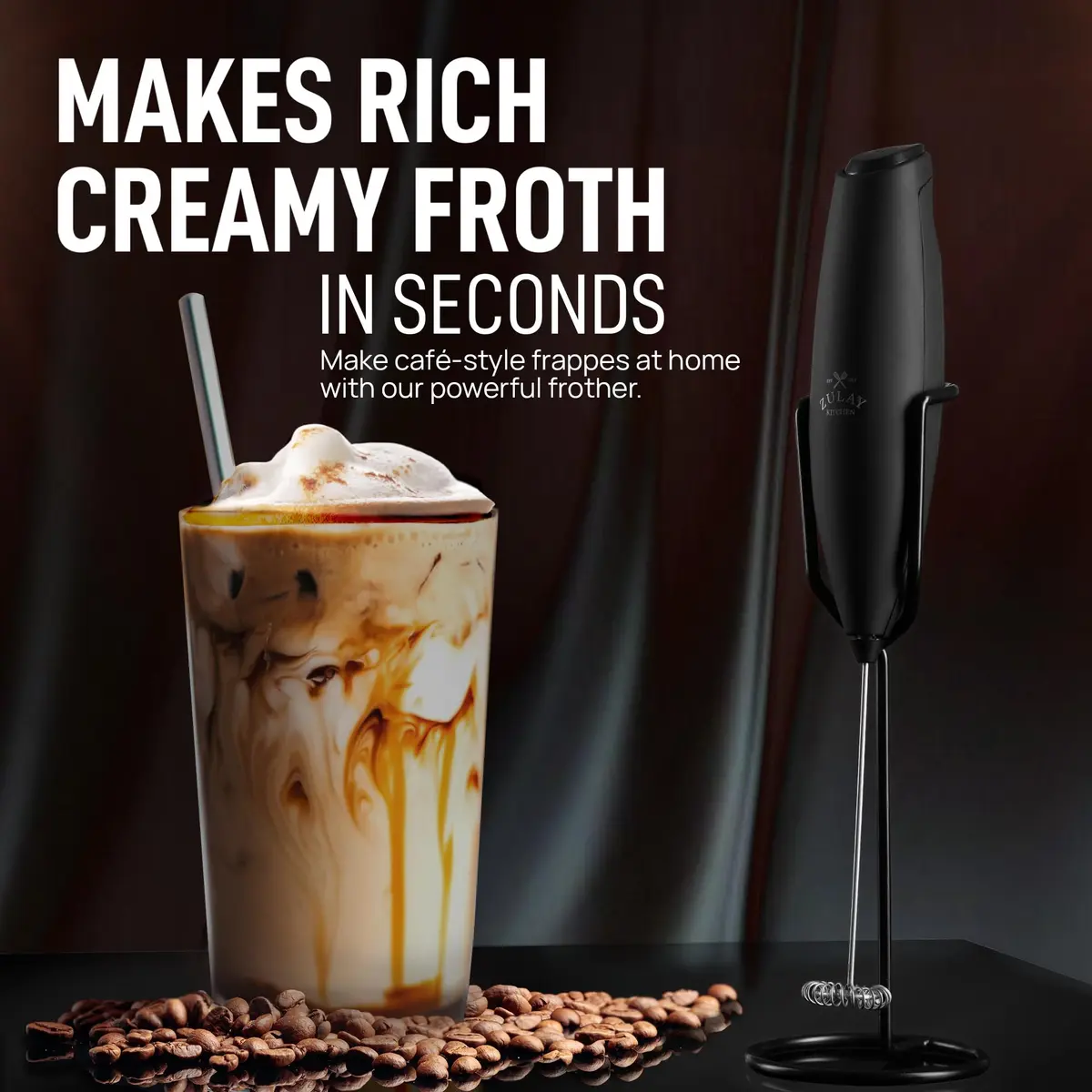 Zulay Kitchen Milk Frother Wand - Upgraded Stand | Handheld Foam Maker for Lattes & Cappuccino (100-120 chars) - view 7