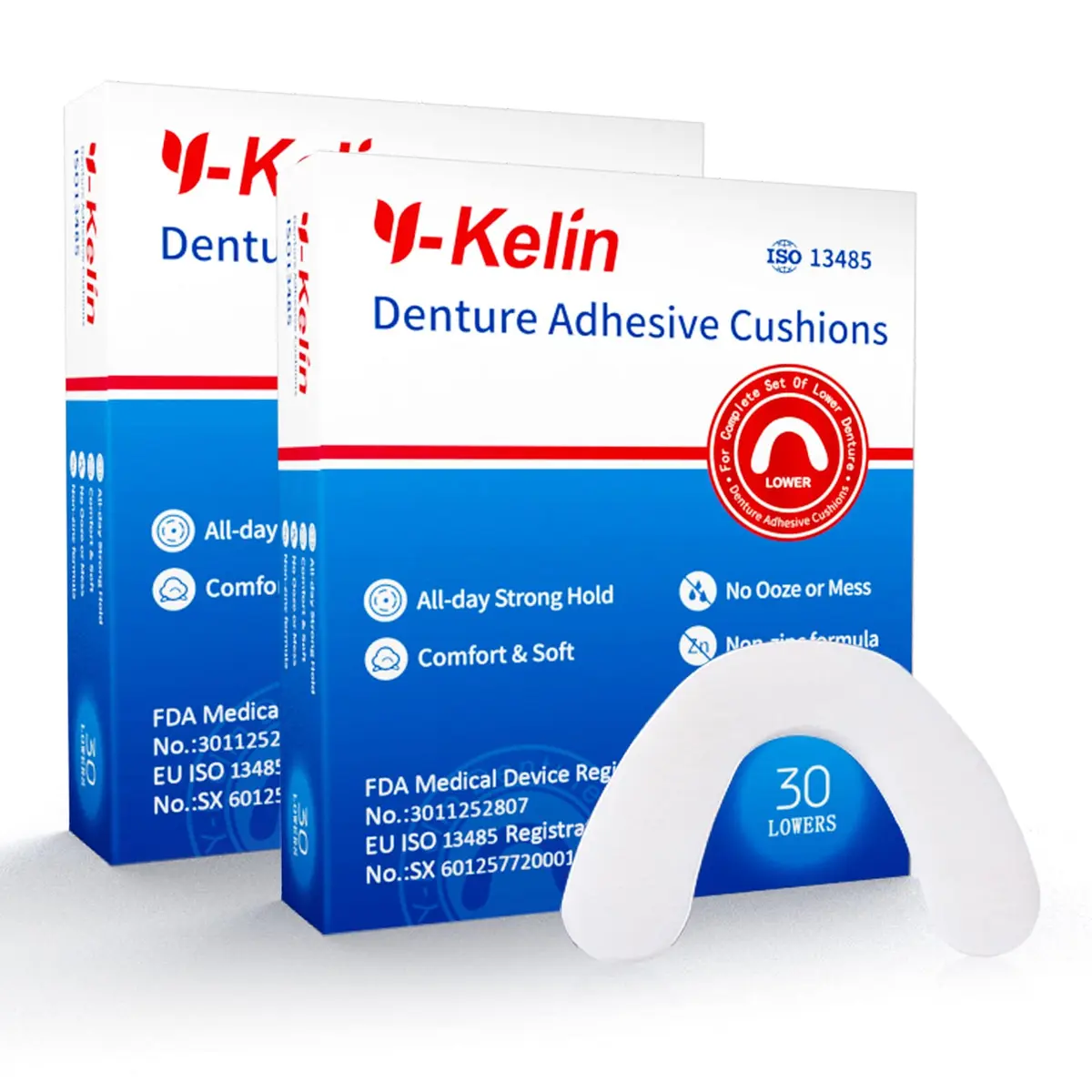 Y-Kelin Lower Denture Adhesive Cushions 60 Strips | Natural Seaweed, One-Day Support for Sore Gums - main product image