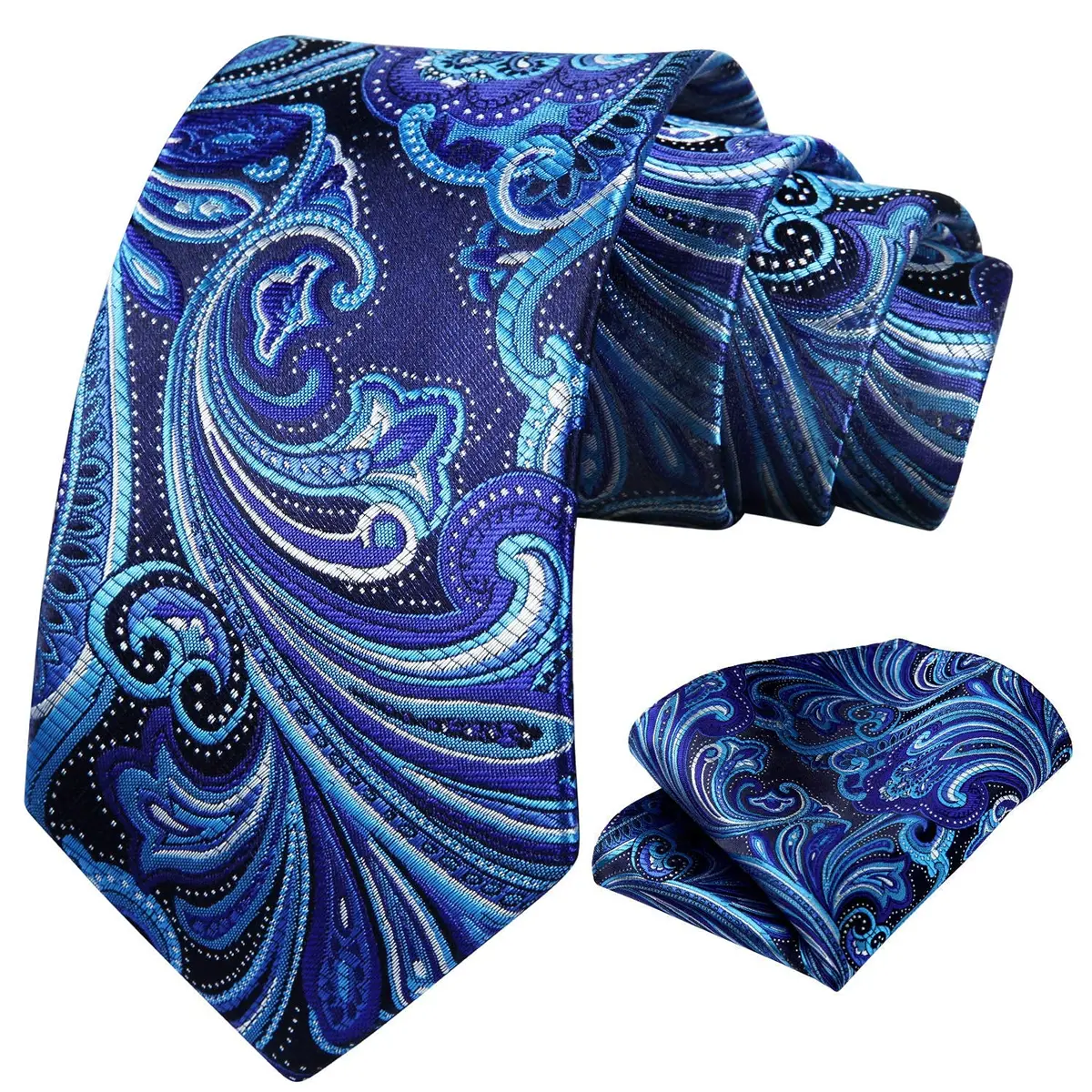 HISDERN Blue Paisley Tie & Pocket Square Set | Classic Business & Wedding Accessory (8.5cm / 3.4in, 150cm / 59in) - view 2