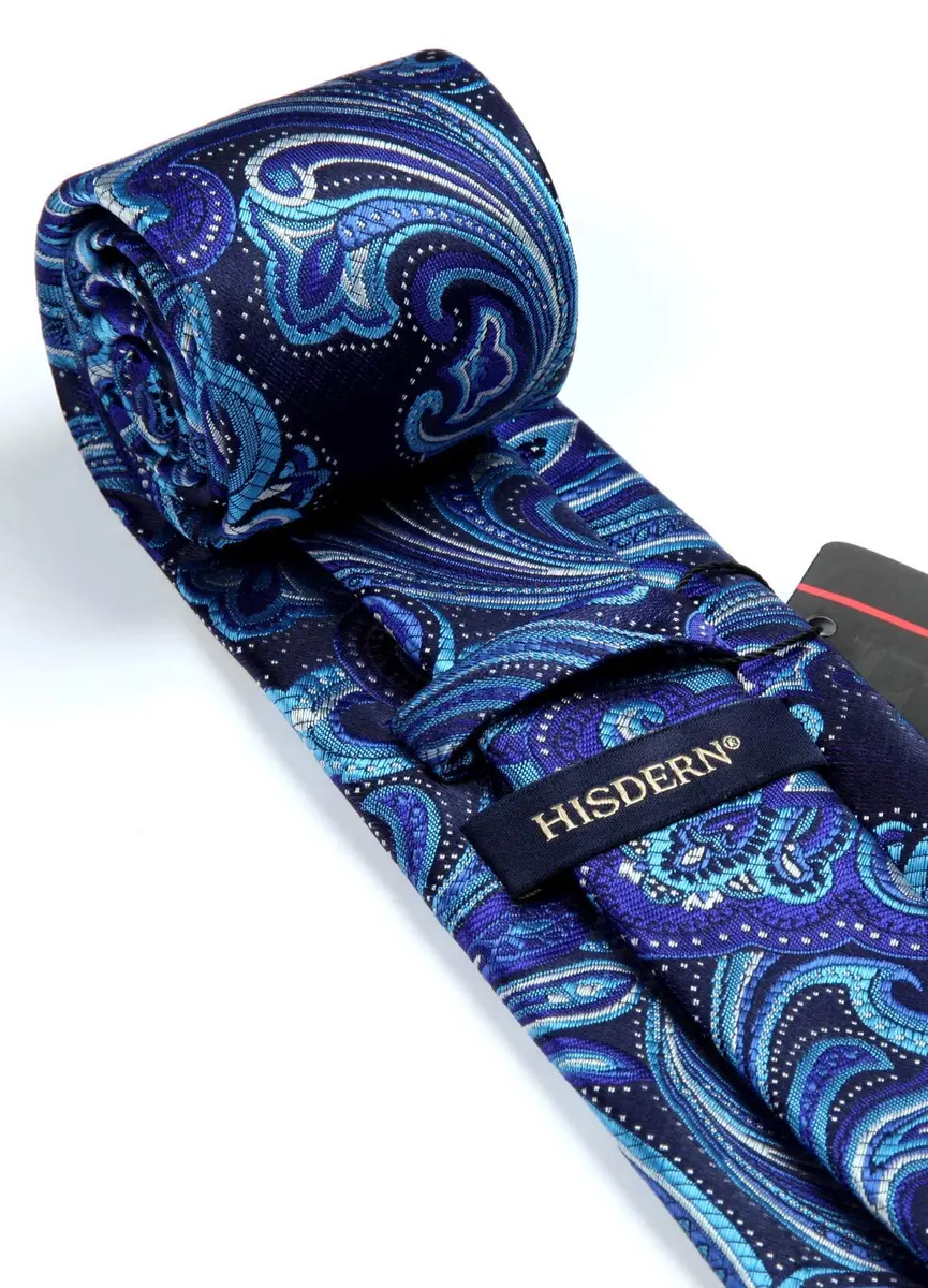 HISDERN Blue Paisley Tie & Pocket Square Set | Classic Business & Wedding Accessory (8.5cm / 3.4in, 150cm / 59in) - view 4