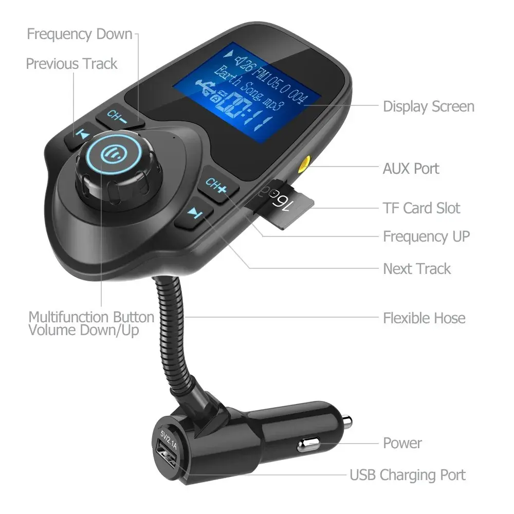 Nulaxy KM18 Bluetooth 5.0 Car Adapter FM Transmitter with 1.44" LCD Screen & Voltmeter | 12V-24V Compatible - view 2