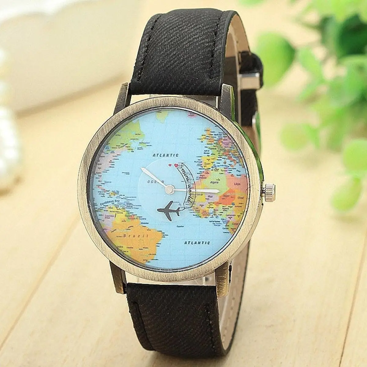 LsvtrUS Unisex Quartz Watch 39mm Alloy & PU Leather, Black | Travel World Map Design - view 2