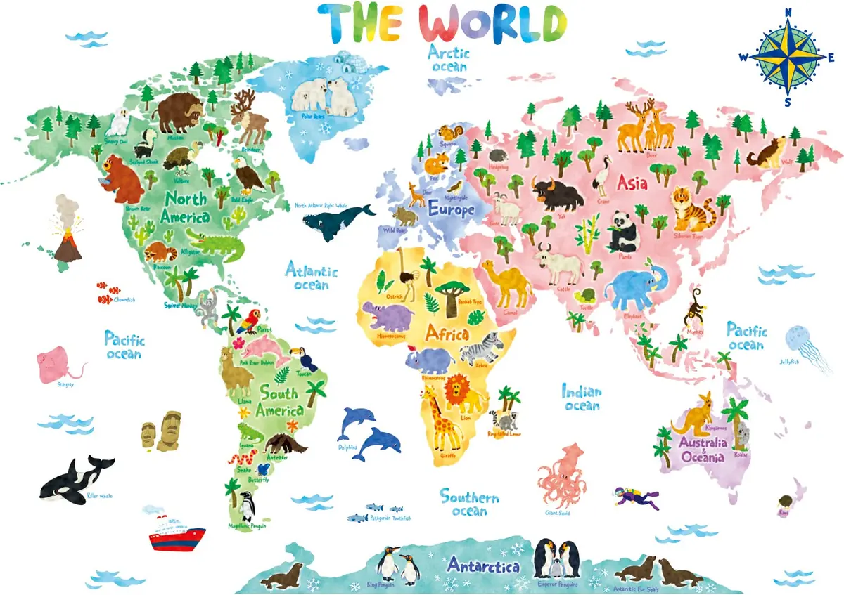 DECOWALL Animal World Map Wall Stickers for Kids Large | Educational, Repositionable Vinyl Decal - main product image