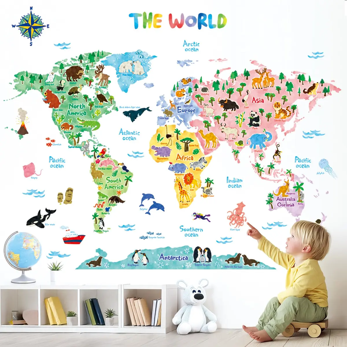 DECOWALL Animal World Map Wall Stickers for Kids Large | Educational, Repositionable Vinyl Decal - view 2