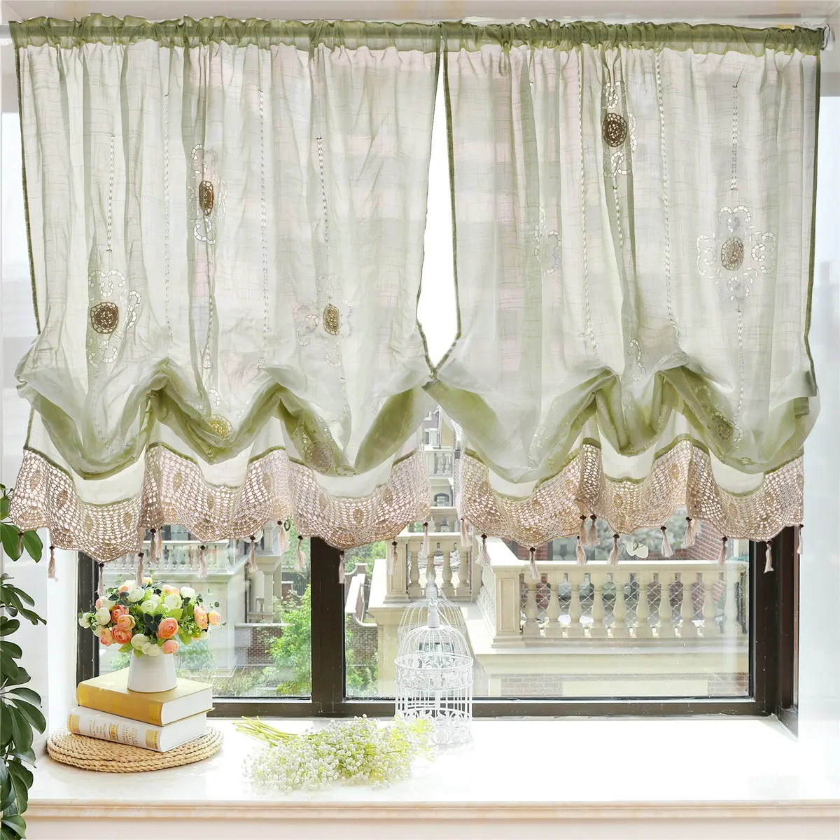 FADFAY Pastoral 57-Inch-by-69-Inch Adjustable Balloon Curtain Light Green | Romantic Sheer Window Decor - view 2