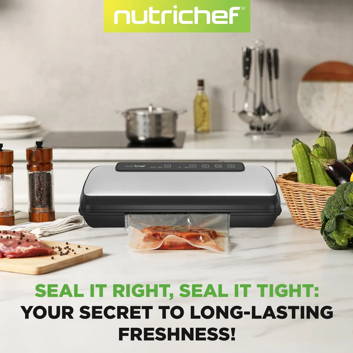 NutriChef Food Vacuum Sealer Machine, Stainless Steel Automatic Air Sealing System 14.1"x6"x3" | Preserves Food Freshness - view 6