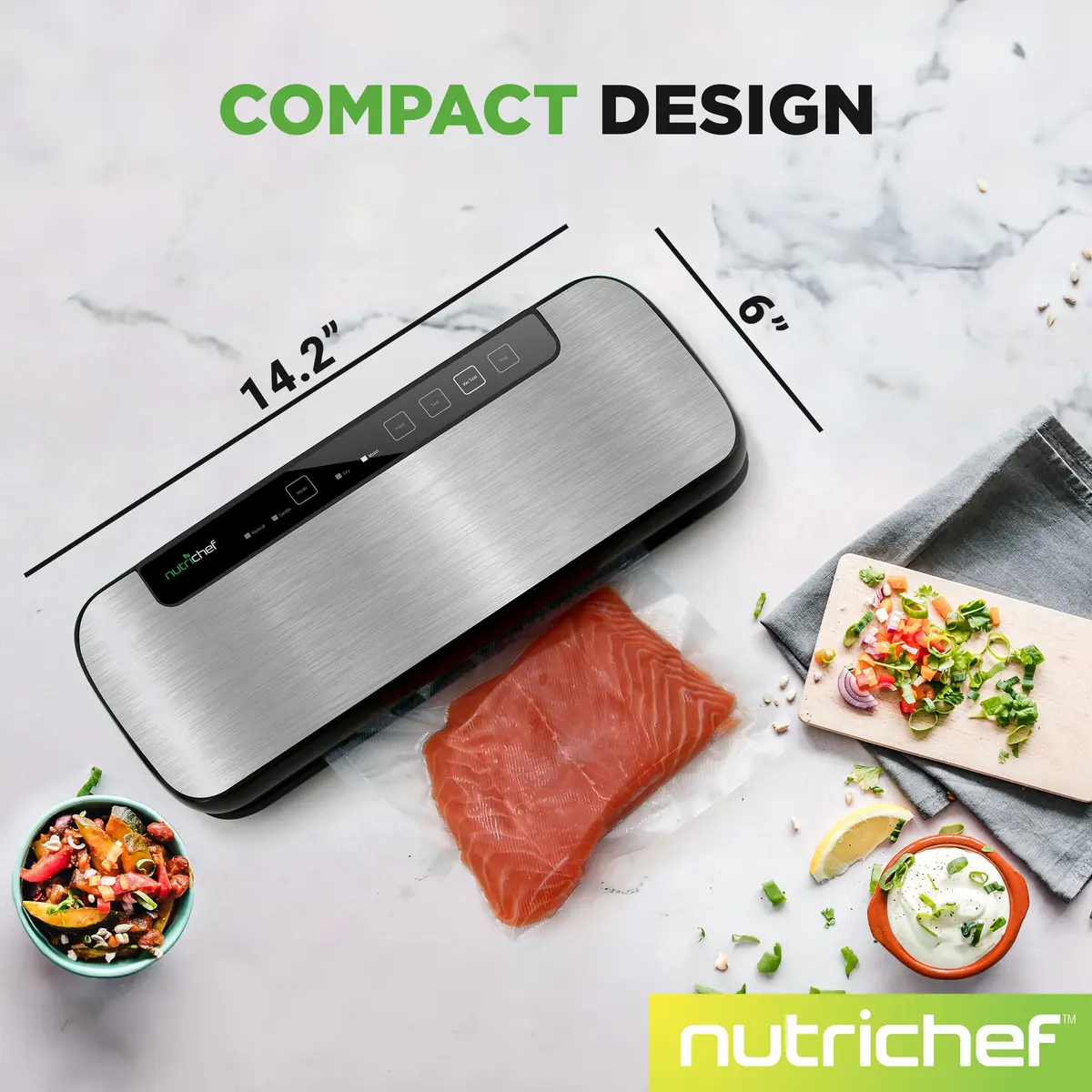 NutriChef Food Vacuum Sealer Machine, Stainless Steel Automatic Air Sealing System 14.1"x6"x3" | Preserves Food Freshness - view 2