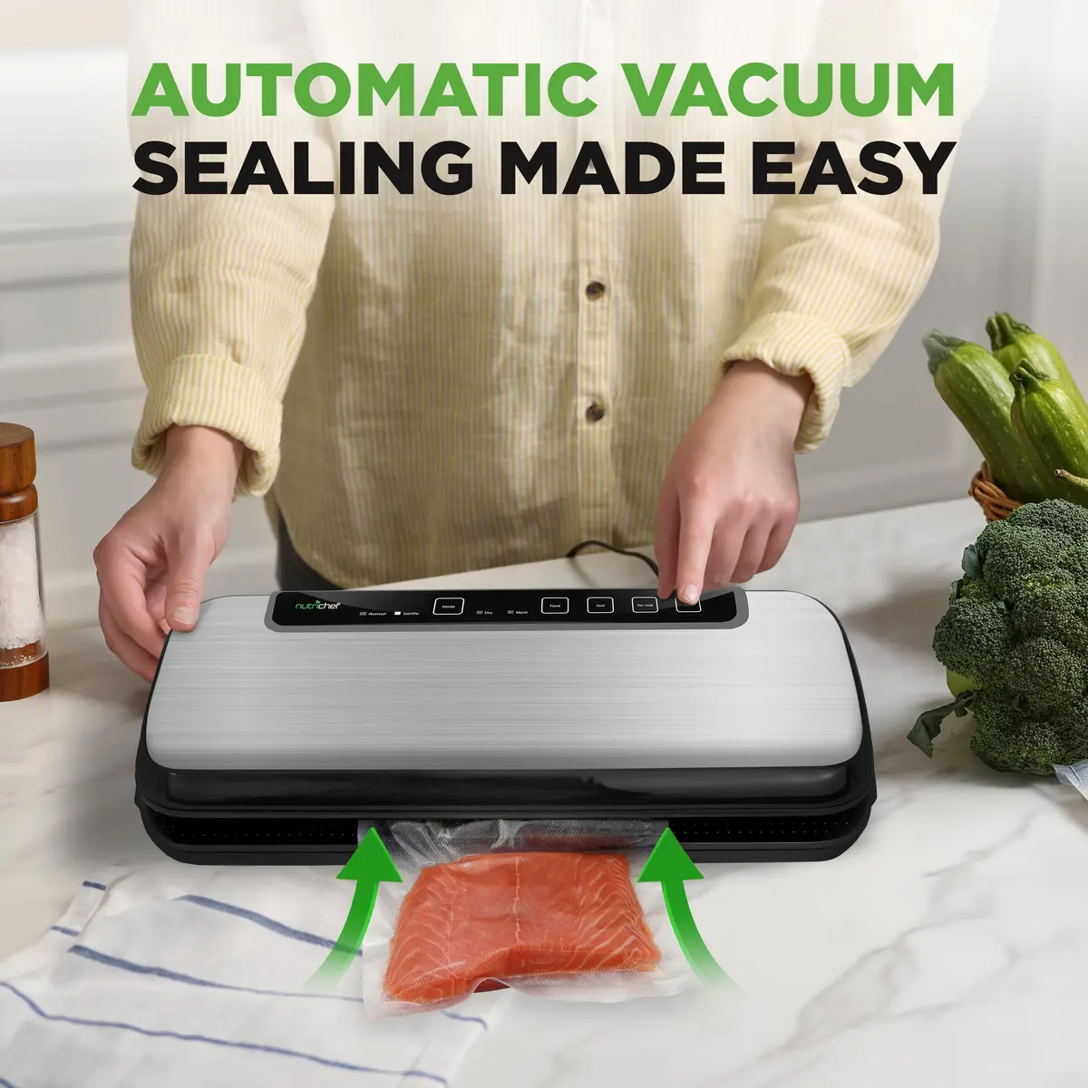 NutriChef Food Vacuum Sealer Machine, Stainless Steel Automatic Air Sealing System 14.1"x6"x3" | Preserves Food Freshness - view 3