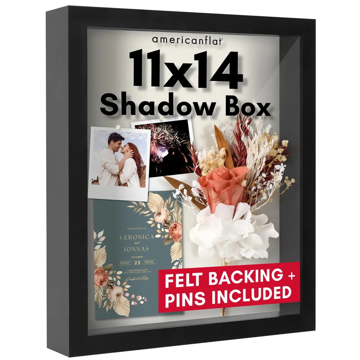 Americanflat 11x14 Shadow Box Frame - Engineered Wood - Black | Deep 1.5-inch Interior, Shatter-Resistant Glass - main product image