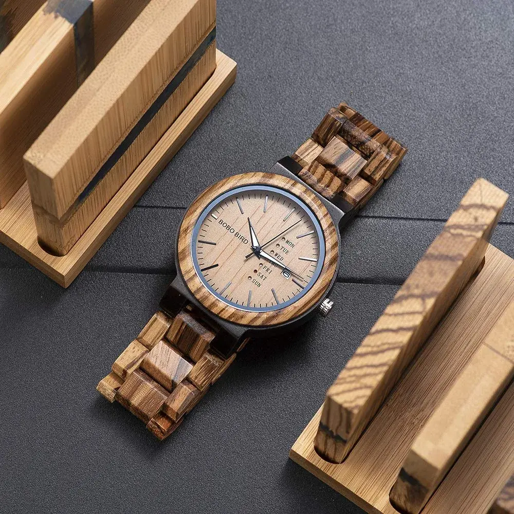 BOBO BIRD Men's Natural Wood Watch | Analog Quartz with Week & Date Display, Brown Dial - view 6