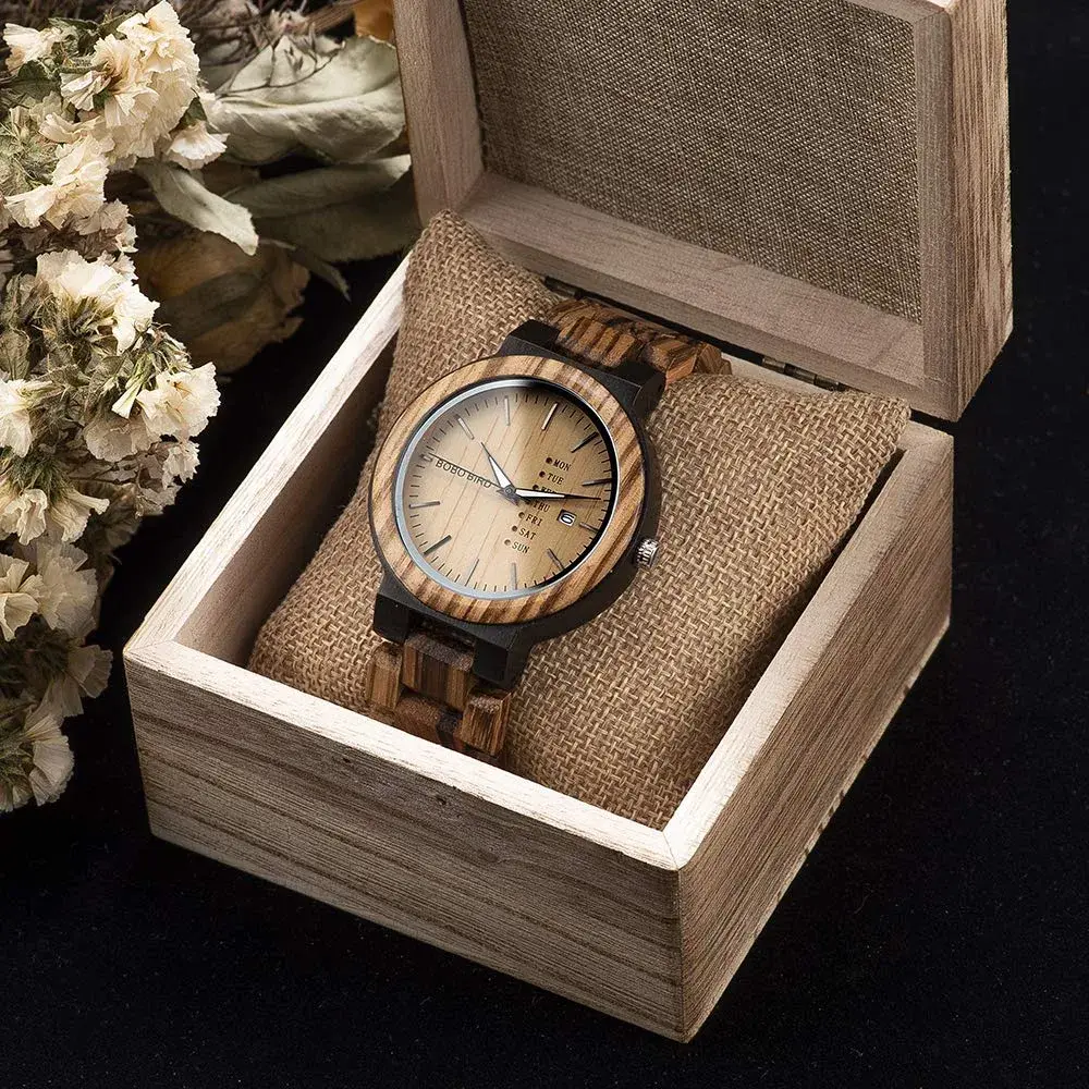 BOBO BIRD Men's Natural Wood Watch | Analog Quartz with Week & Date Display, Brown Dial - view 3