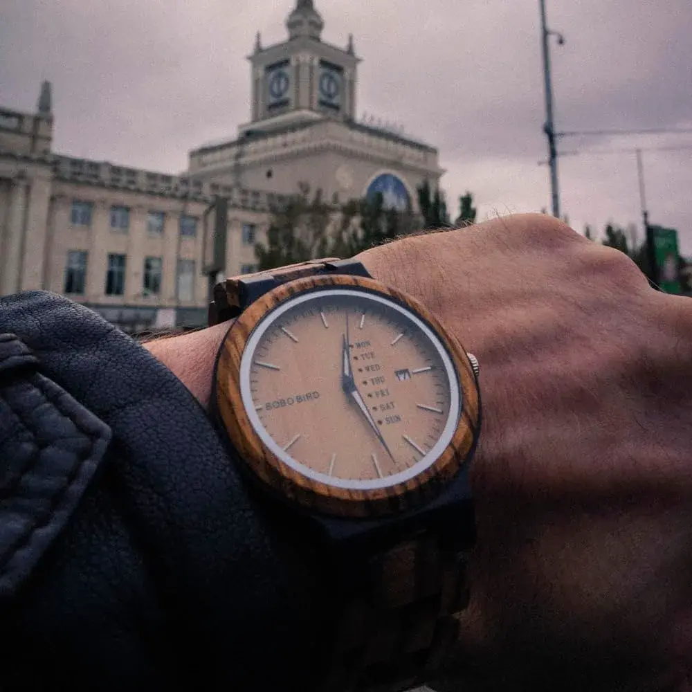 BOBO BIRD Men's Natural Wood Watch | Analog Quartz with Week & Date Display, Brown Dial - view 4