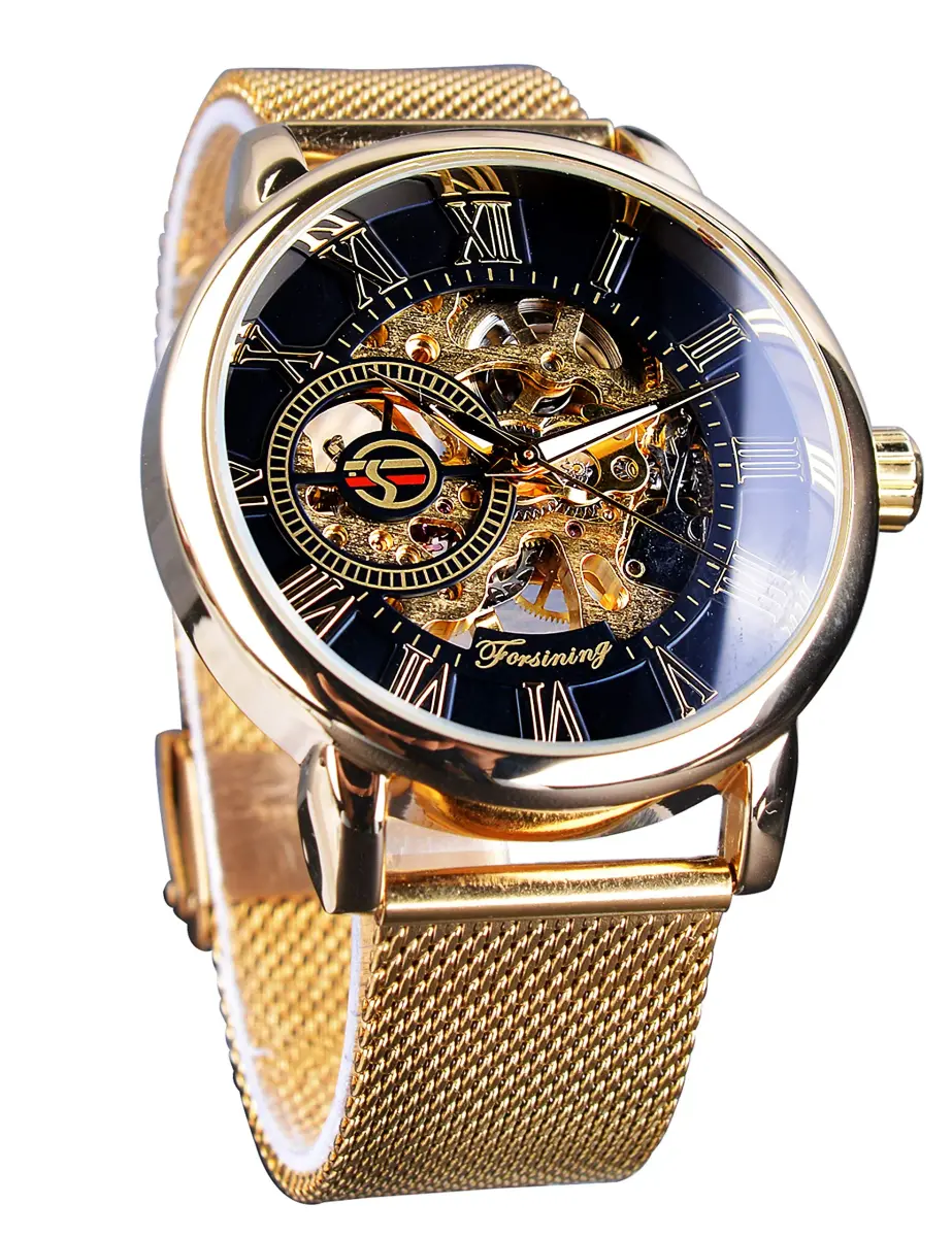 FORSINING Men's Skeleton Mechanical Watch 41mm (1.61 inches) | Retro Golden Transparent Business Watch with Black Mesh Band - main product image