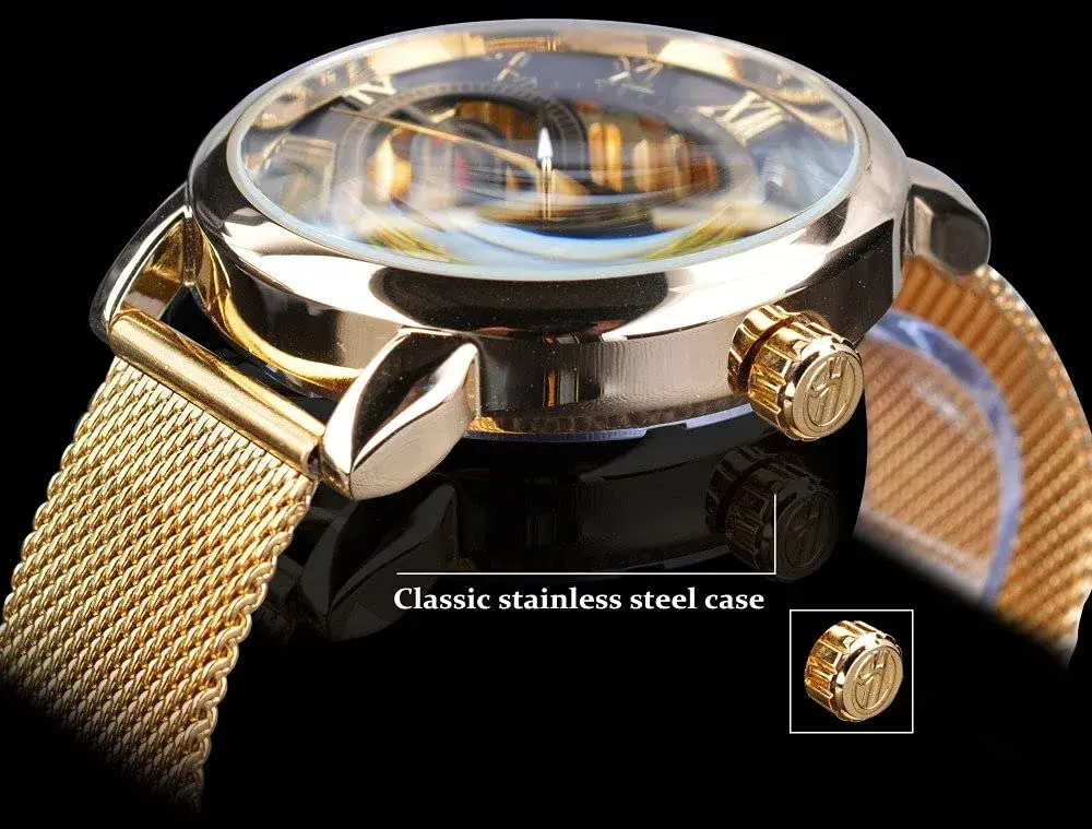 FORSINING Men's Skeleton Mechanical Watch 41mm (1.61 inches) | Retro Golden Transparent Business Watch with Black Mesh Band - view 5